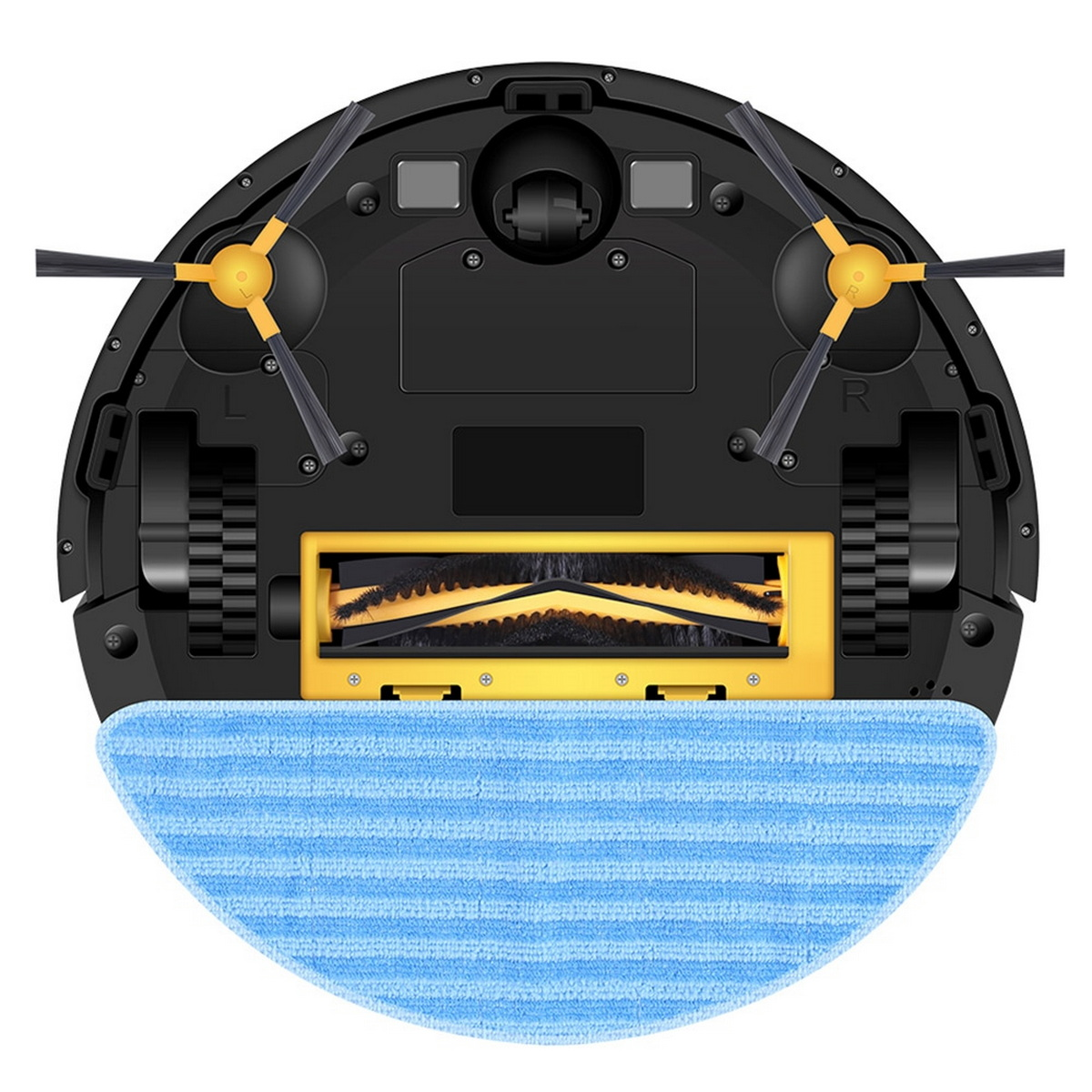 Spód robota odkurzającego. Zawiera: szczotki, koła, nakładkę do mopowania i różne czujniki.