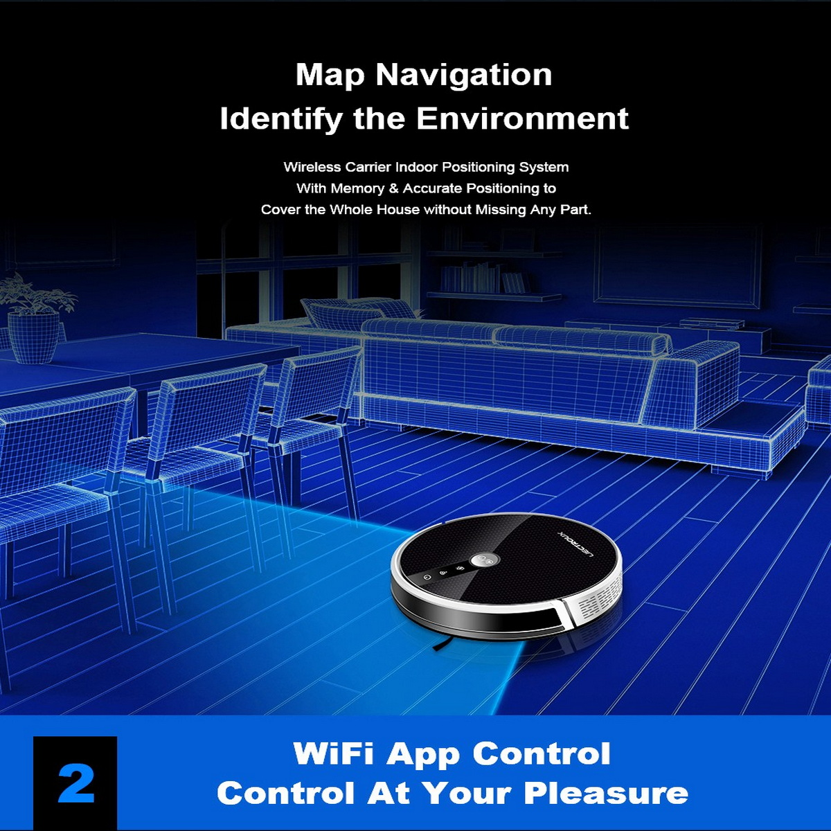 Odkurzacz robot na niebieskiej podłodze, z tekstem o nawigacji i sterowaniu WiFi.