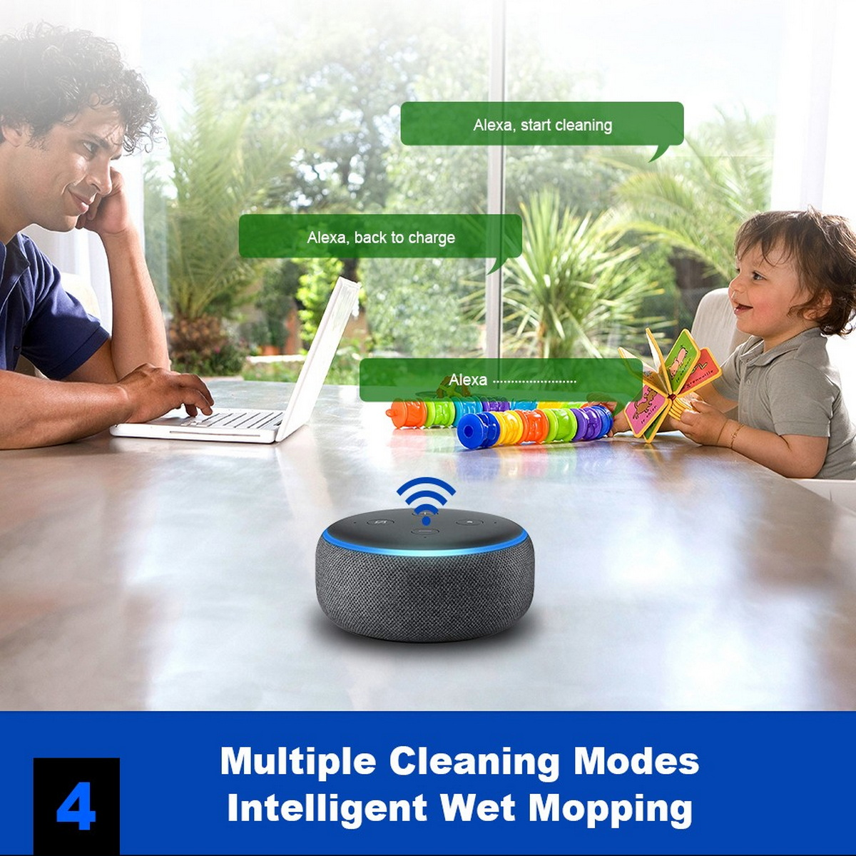 Inteligentny głośnik na stole z dzieckiem i mężczyzną. Dymki sugerują polecenia głosowe dla Alexy.