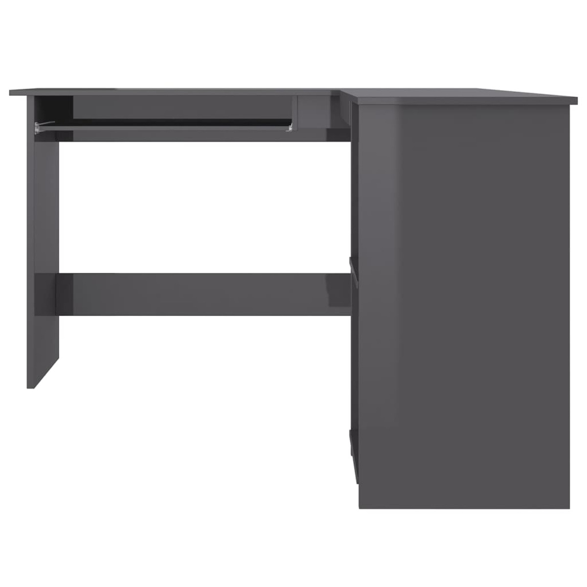 Grauer Eckschreibtisch mit Tastaturauszug und Seitenschrank. Weißer Hintergrund.