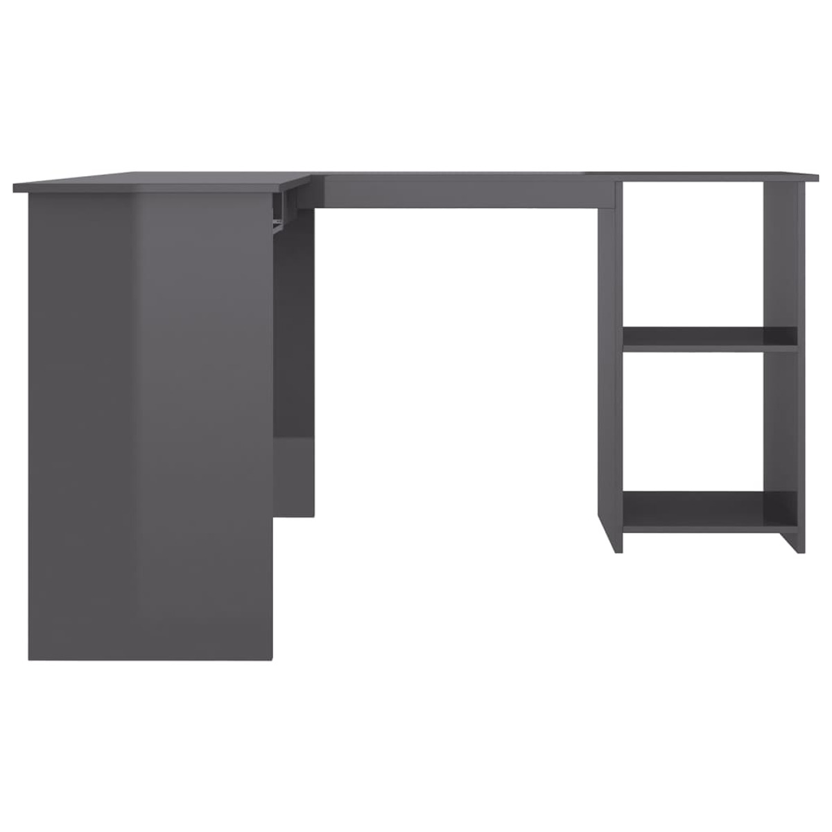 Ein L-förmiger grauer Schreibtisch mit Regal und Schrank links. Weißer Hintergrund.