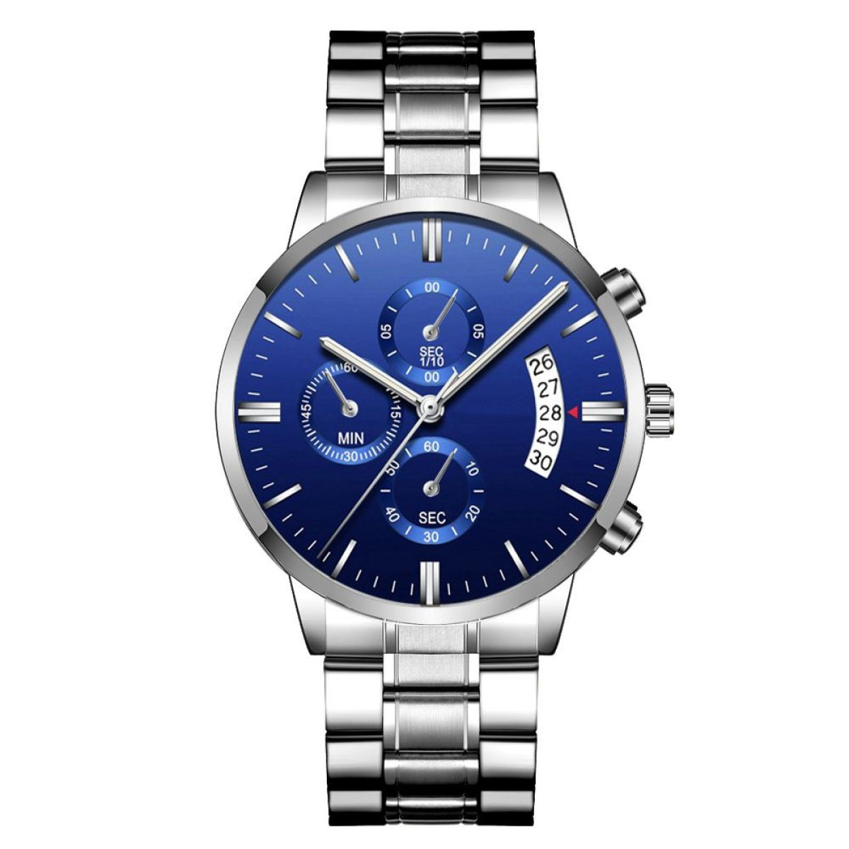 Silberne Herrenuhr mit blauem Zifferblatt und mehreren Zifferblättern, weißer Hintergrund.