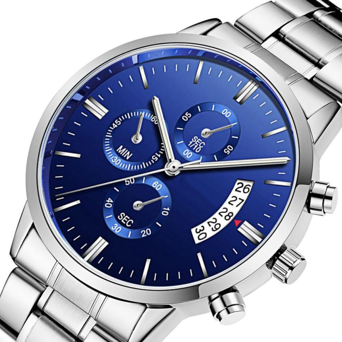 Silberne Armbanduhr mit blauem Zifferblatt. Mit drei Hilfszifferblättern und Datumsfenster.