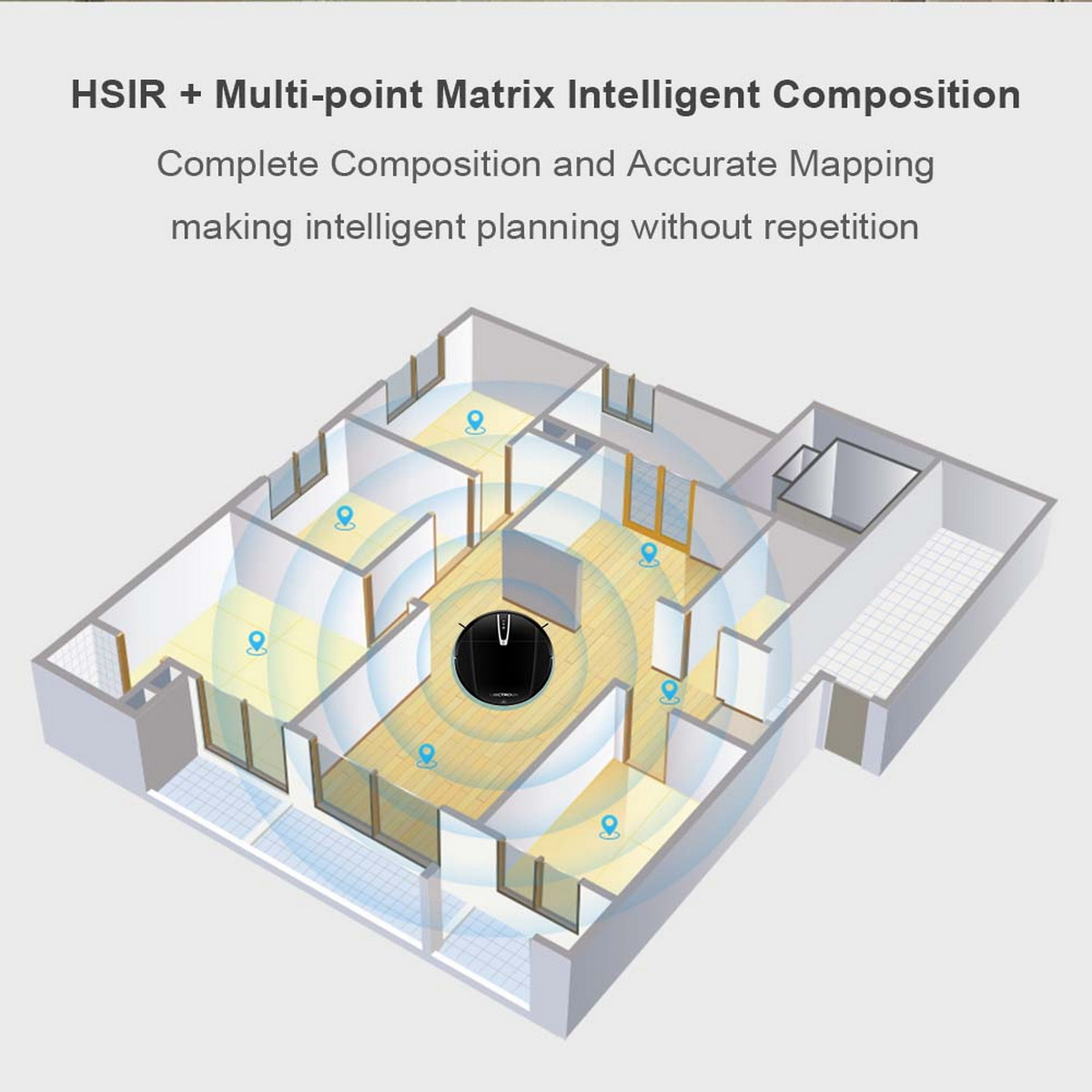 Un diagrama de una casa con una aspiradora robot en el centro.