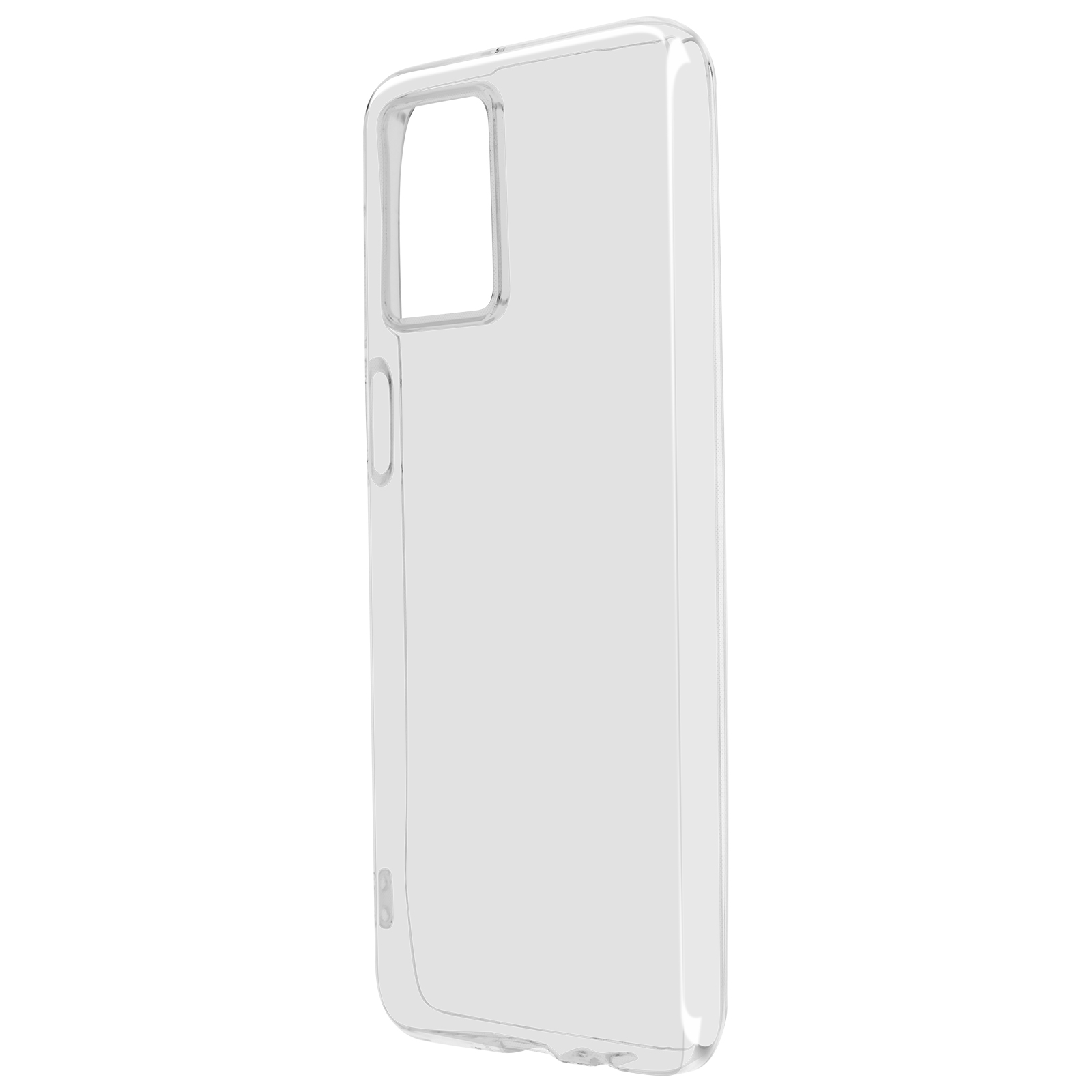 Una custodia trasparente per telefono è mostrata di profilo. È di plastica trasparente.