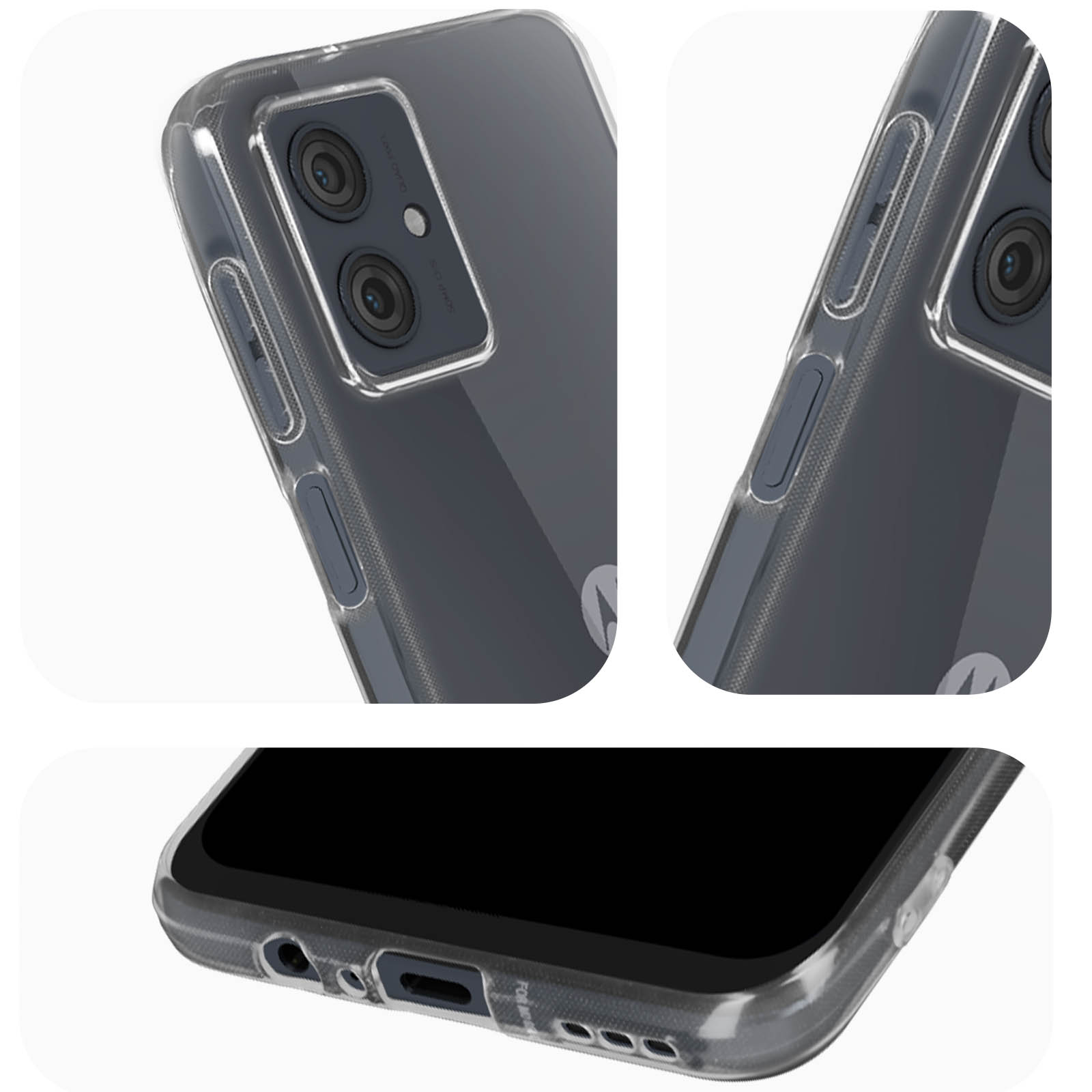 Primo piano di una custodia trasparente per telefono. Mostra ritagli della fotocamera, pulsanti laterali e porte inferiori.