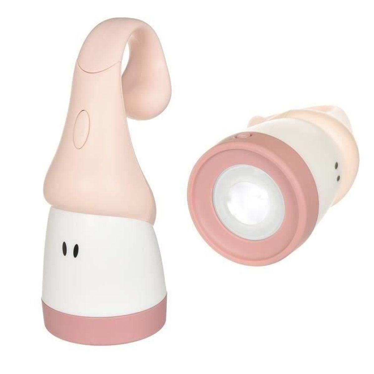 Zwei hellrosa Lampen, eine aufrecht und eine mit lichtemittierendem Ende.