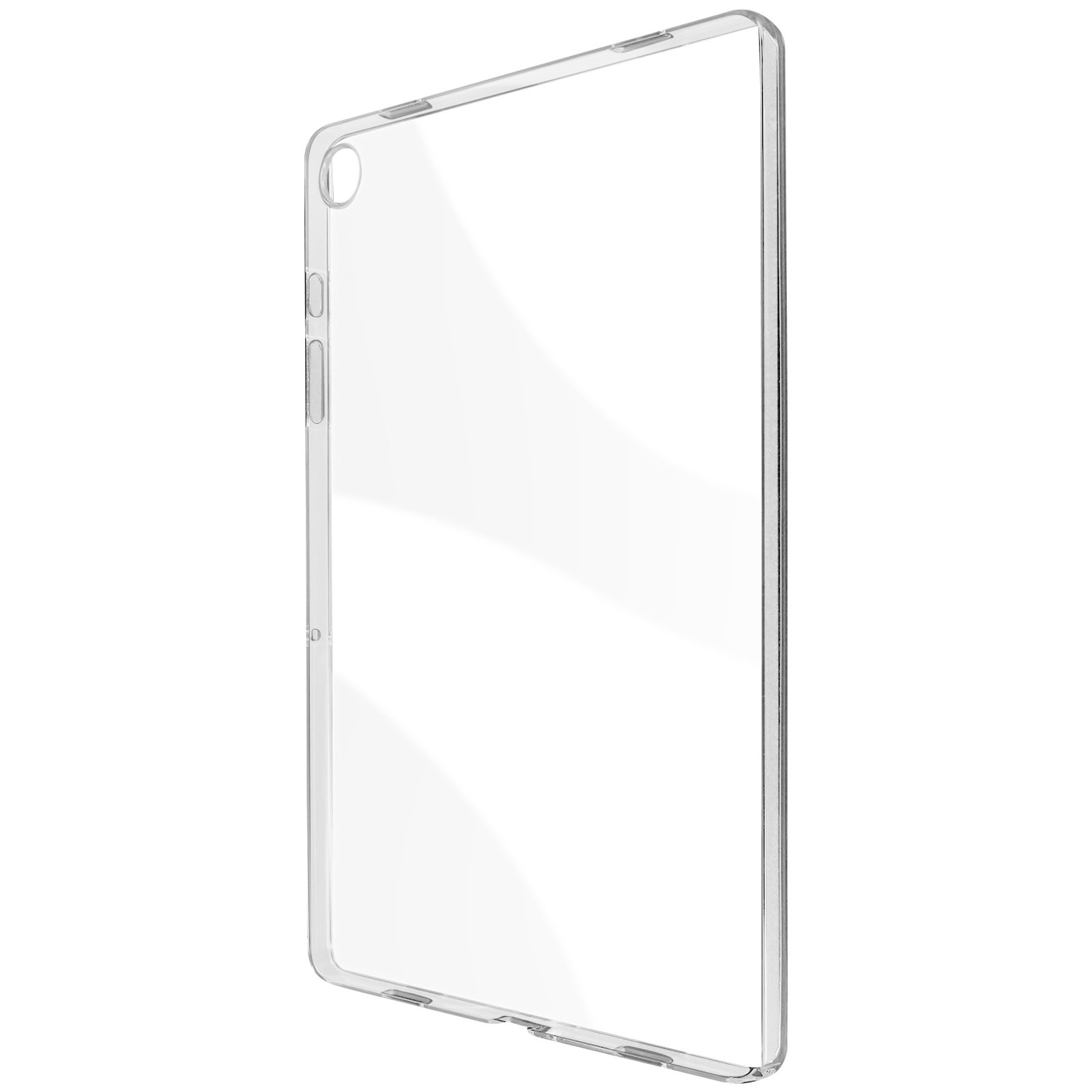 Eine transparente Tablet-Hülle, die das Profil zeigt. Sie hat Aussparungen für Knöpfe und Anschlüsse und ist transparent.