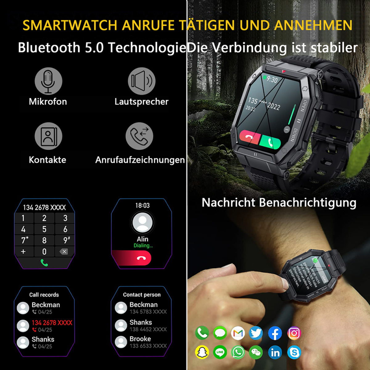 Smartwatch mit schwarzem Armband, das Anruf- und Benachrichtigungsfunktionen zeigt.
