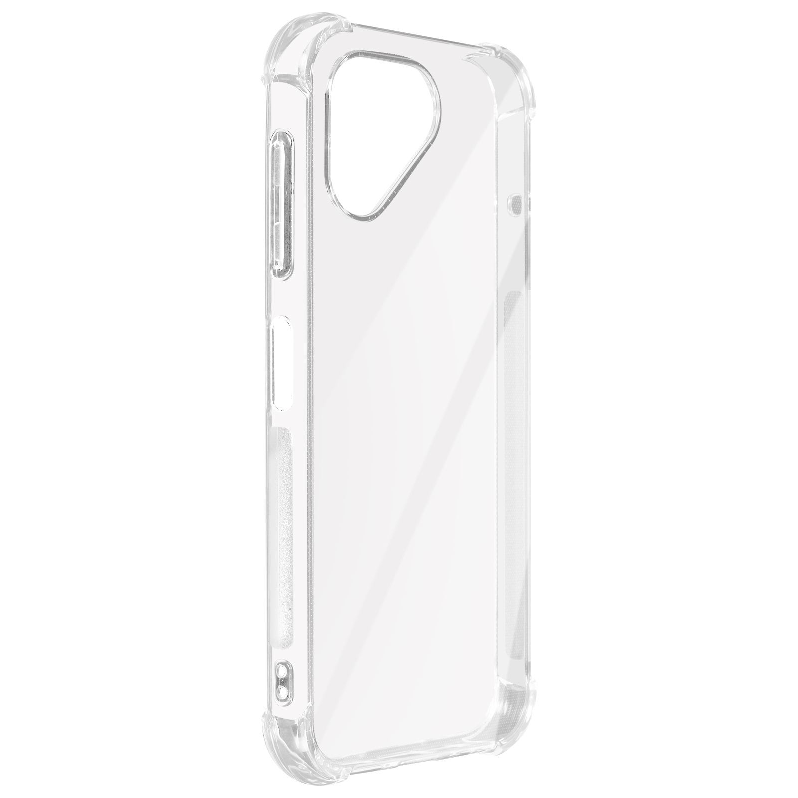 Transparente Handyhülle mit schützendem Stoßfängerdesign, vor weißem Hintergrund.