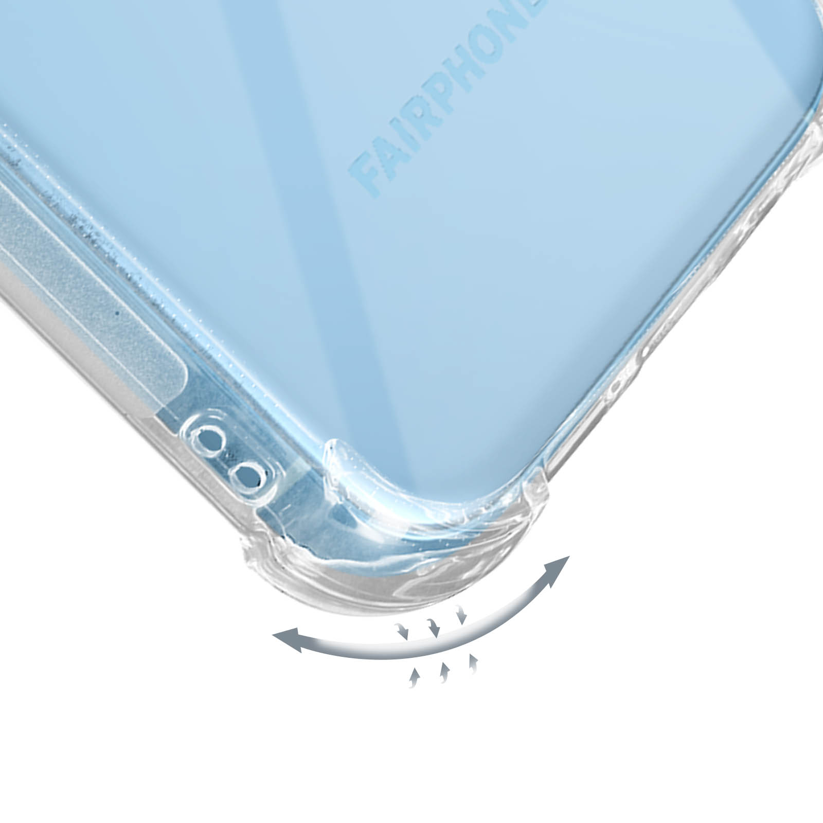 Transparente Handyhülle mit blauem Telefon. Die Marke ist sichtbar, Pfeile zeigen den Schutz.