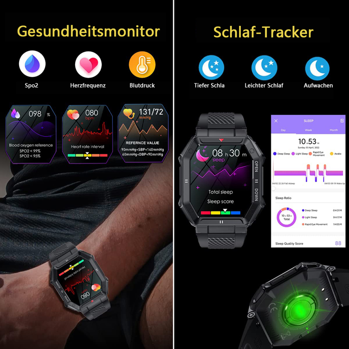 Armbanduhr mit Gesundheitsmetriken: SpO2, Herzfrequenz, Blutdruck und Schlaftracker.