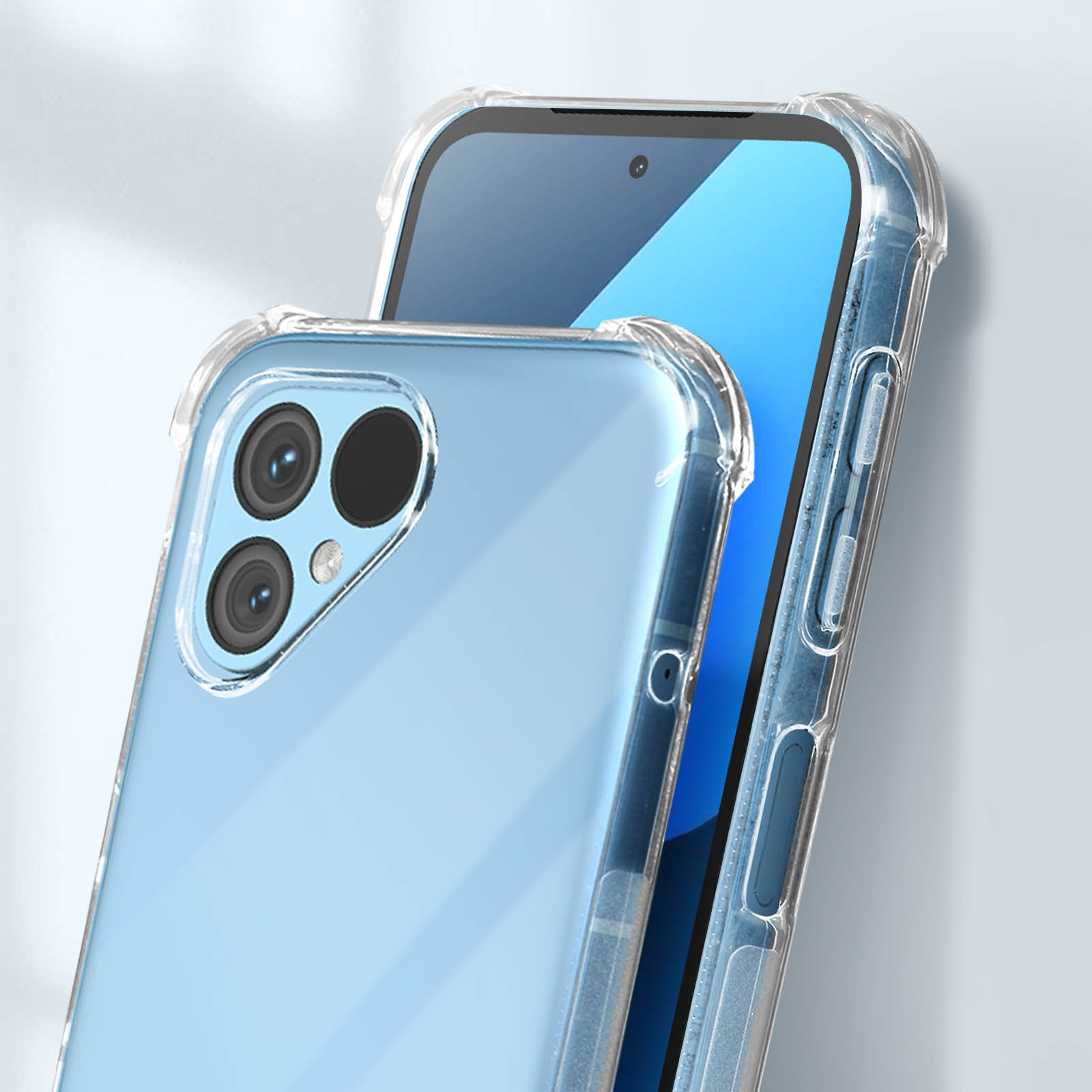 Zwei Telefone in Hüllen. Eines in einer transparenten Hülle, das andere in einer blauen Hülle.
