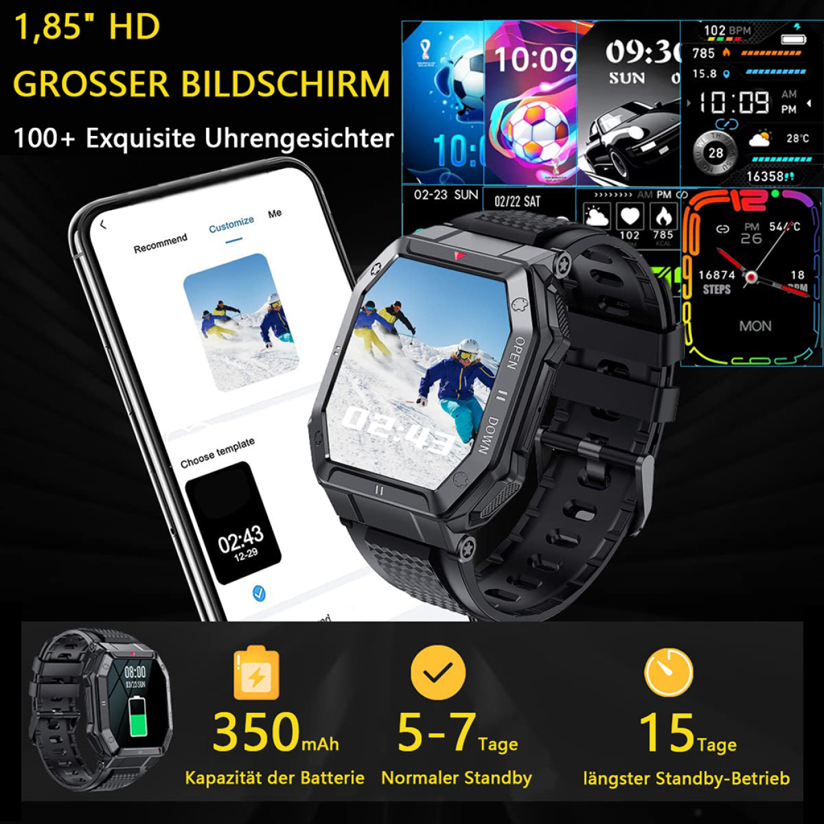 Eine Smartwatch mit schwarzem Armband zeigt mehrere Bildschirme an. Auf dem Bildschirm befinden sich Symbole und Zahlen.