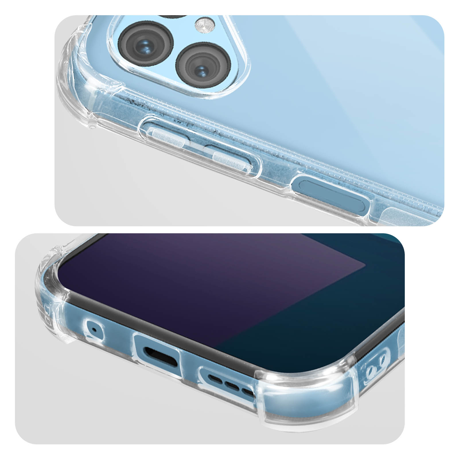Handyhülle. Nahaufnahme der Hülle und Knöpfe. Blaues Telefon darin.