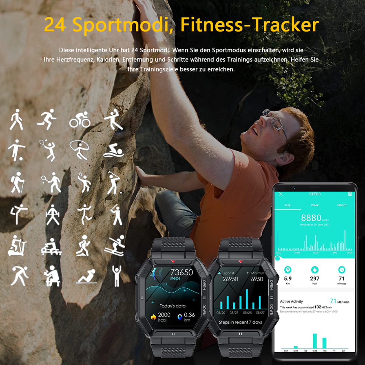 Mann klettert eine Felswand, neben Icons, die Fitnessaktivitäten darstellen. Zwei Smartwatches und ein Telefonbildschirm.
