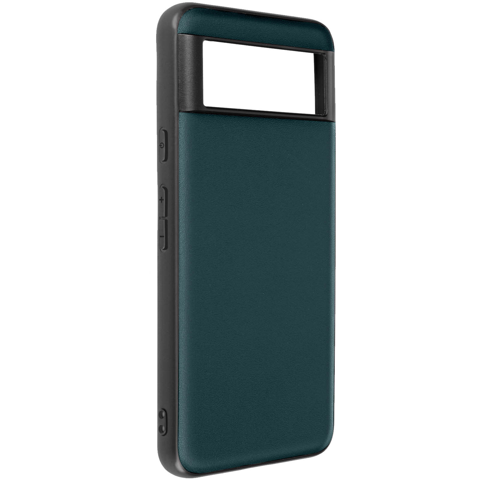 Una custodia per telefono verde scuro con cornice nera e pulsanti laterali.