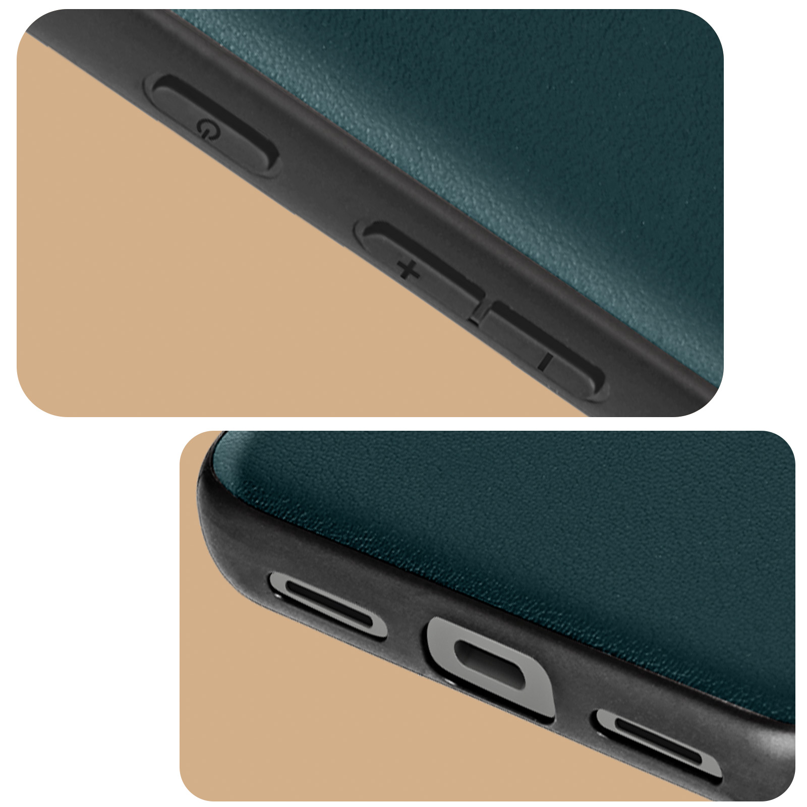 Primo piano del lato di un telefono con pulsanti su sfondo beige.