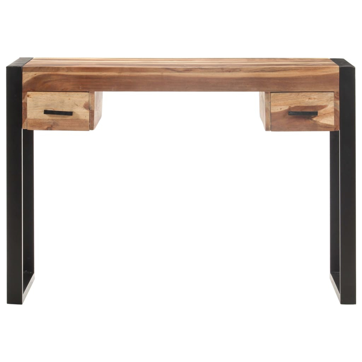 Ein Holzschreibtisch mit zwei Schubladen und schwarzen Metallbeinen. Der Schreibtisch steht auf weißem Hintergrund.