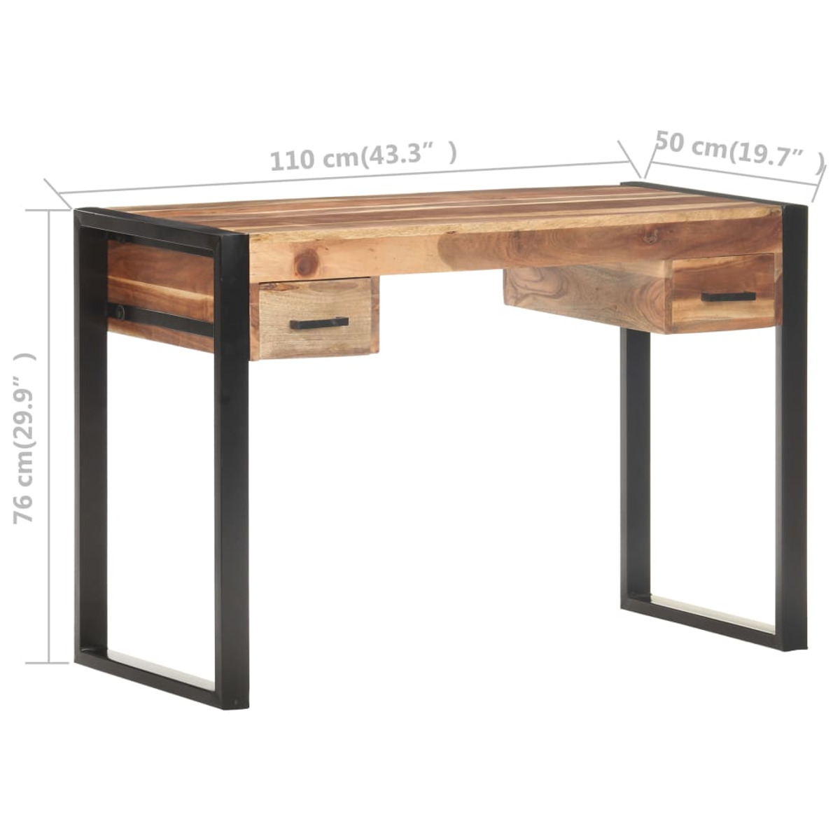 Holzschreibtisch mit schwarzem Metallrahmen. Schubladen sichtbar. Abmessungen gezeigt.