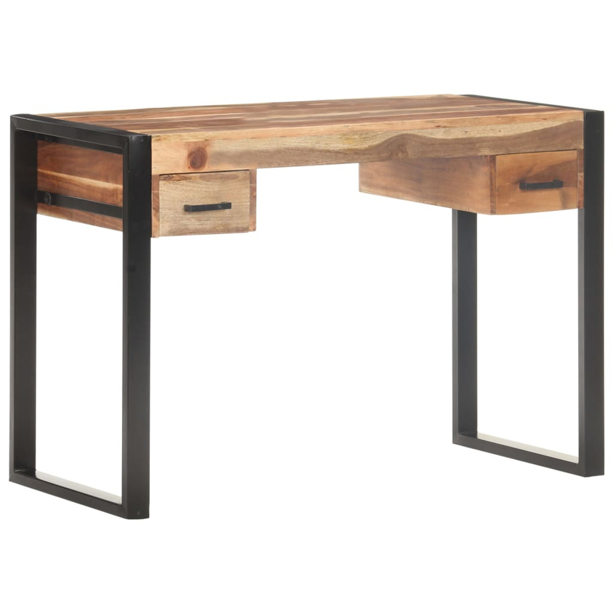 Holzschreibtisch mit schwarzem Metallrahmen. Zwei Schubladen sind sichtbar. Weißer Hintergrund.