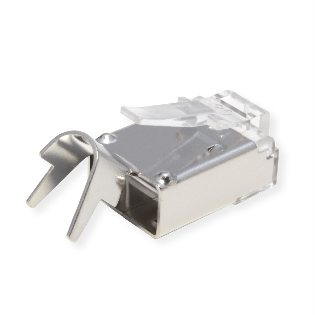 Connecteur RJ45 en métal. Argenté et transparent avec une partie en plastique transparent. Fond blanc.