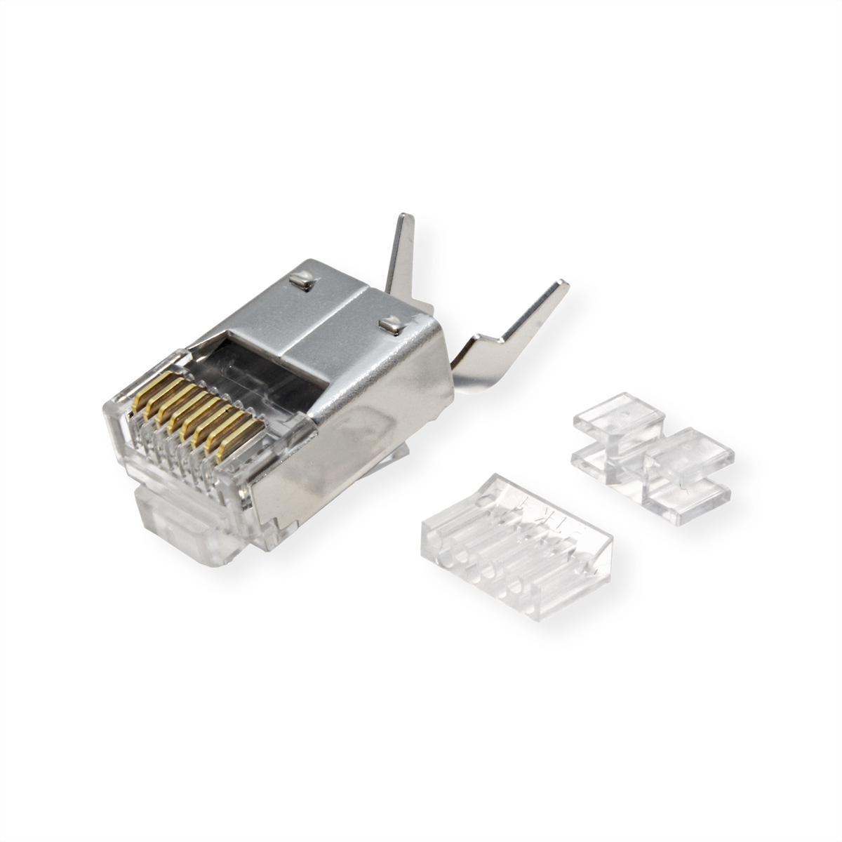 Un connecteur RJ45, avec des inserts en plastique transparent et un boîtier métallique sur fond blanc.