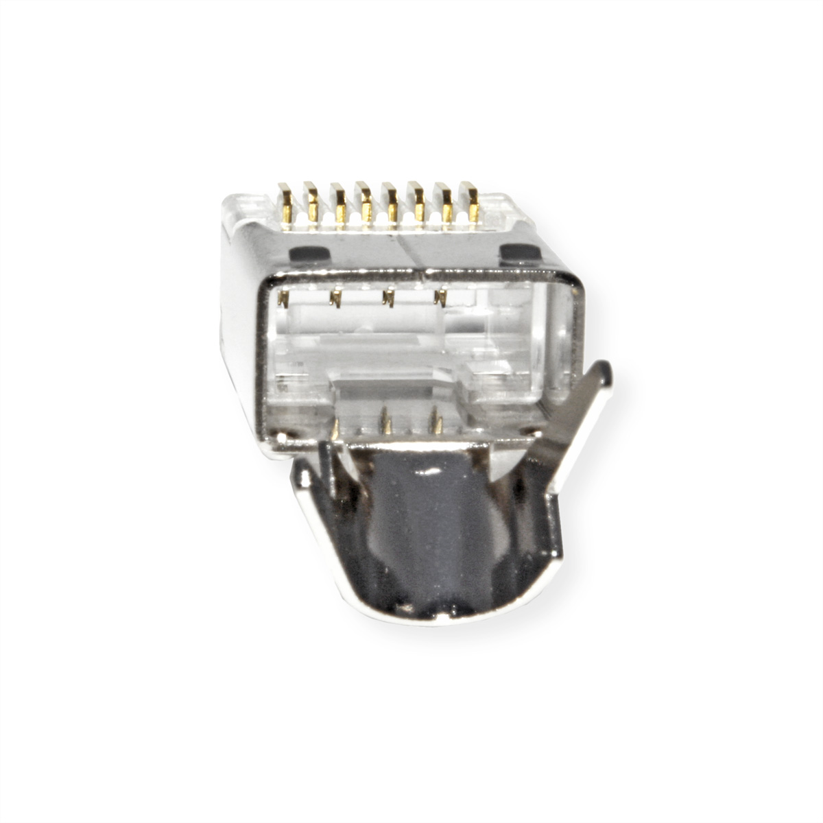 Gros plan d'un connecteur RJ45 transparent, incliné vers le spectateur, sur fond blanc.