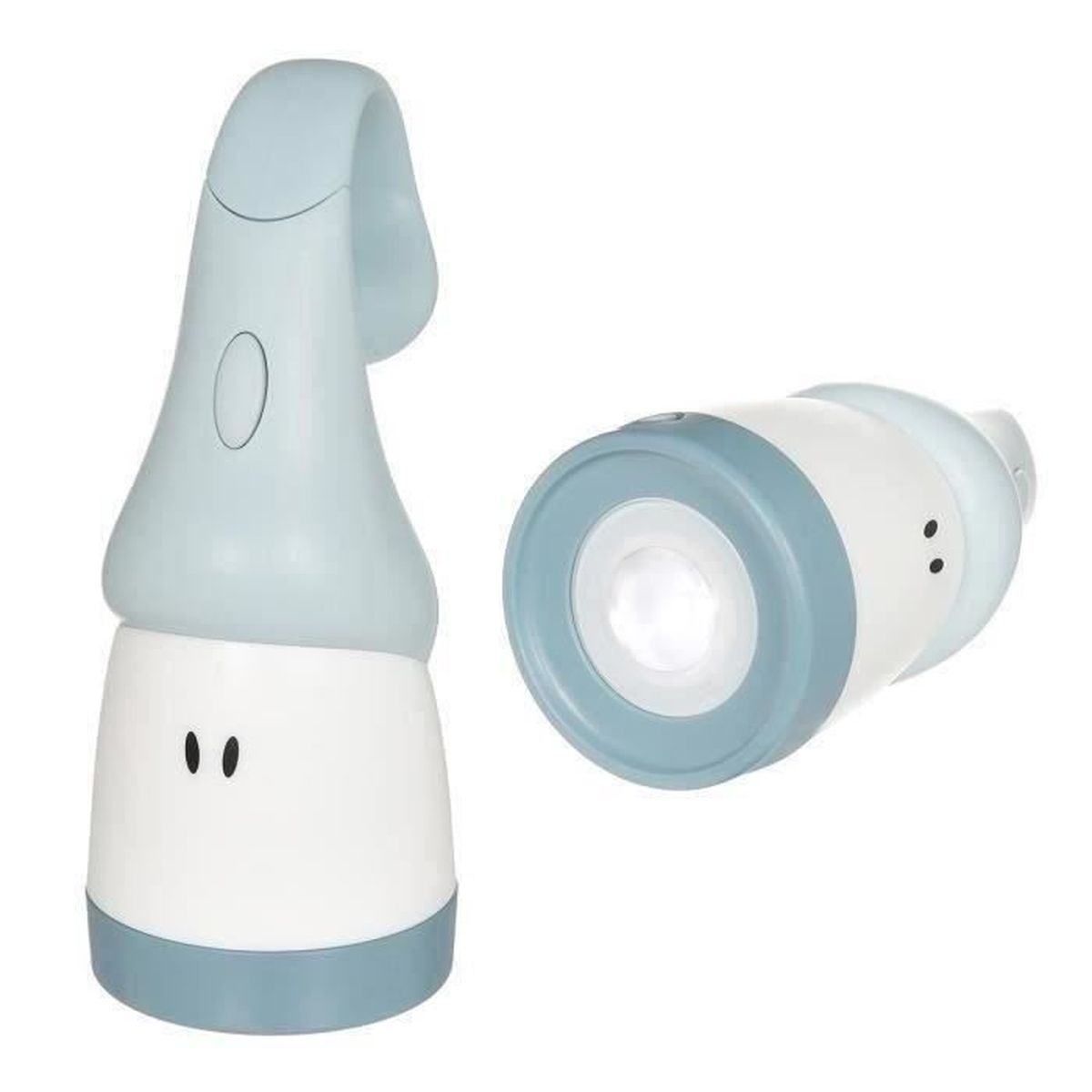 Zwei Baby-Taschenlampen, eine aufrecht und eine auf der Seite. Beide sind hellblau und weiß.