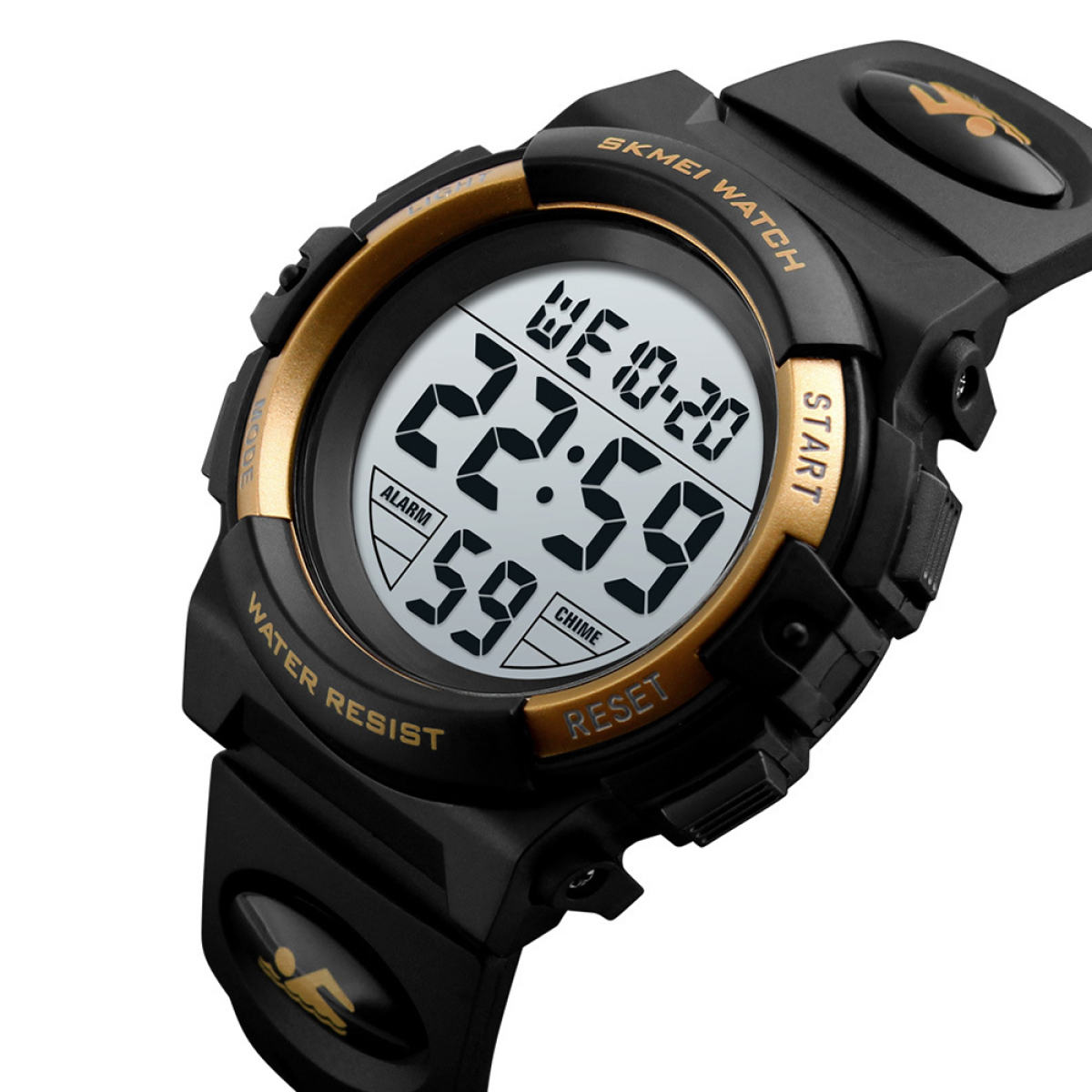 Schwarze und goldene Digitaluhr mit Zeitanzeige, Knöpfen und rundem Zifferblatt.