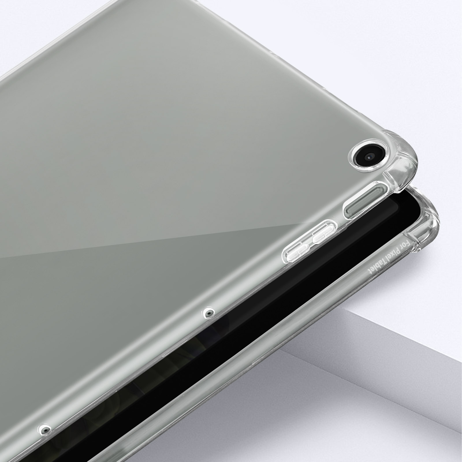 Eine klare Schutzhülle für ein Tablet, das das Design und die Funktionen des Geräts zeigt.