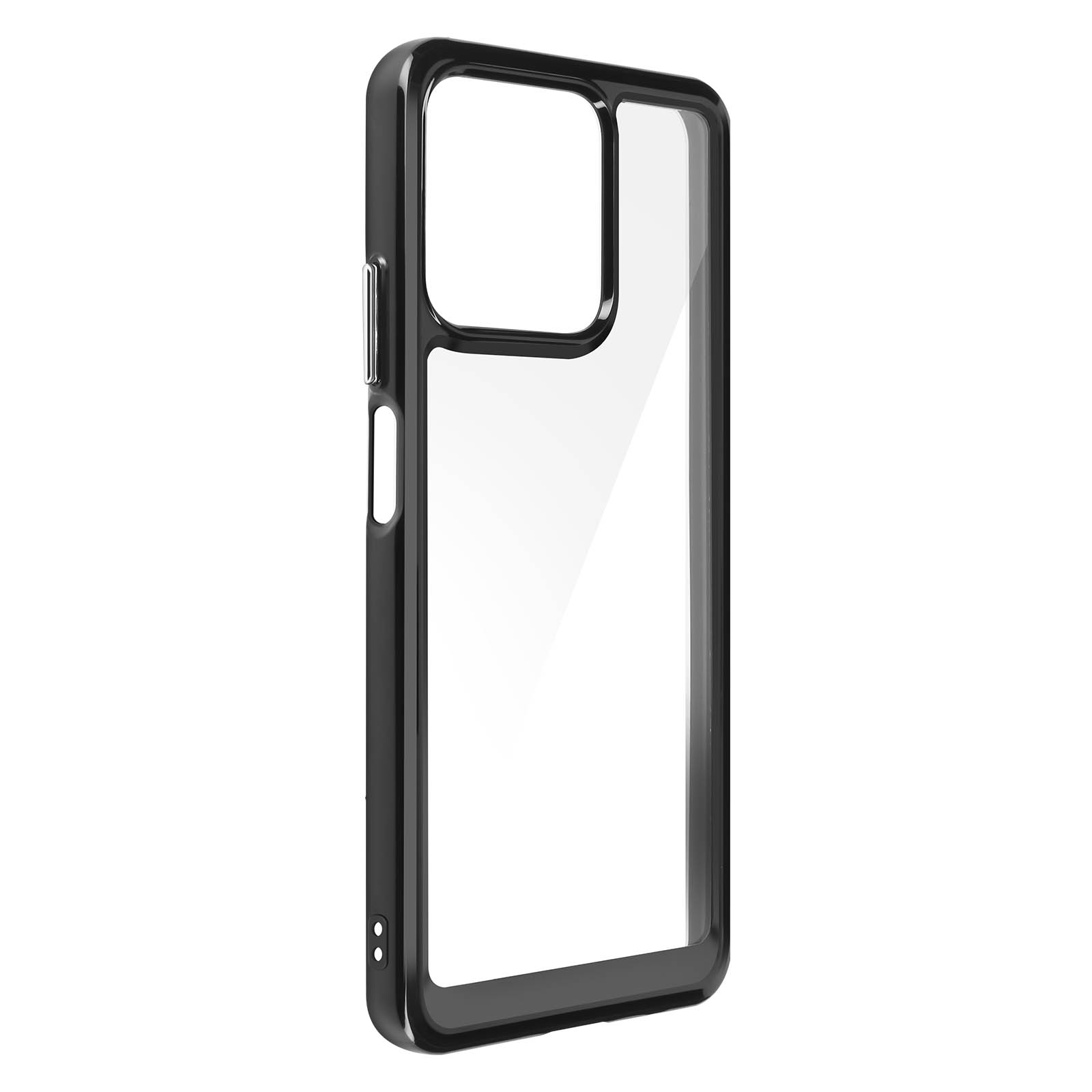 Custodia nera per telefono con retro trasparente, intaglio fotocamera. Design minimalista.