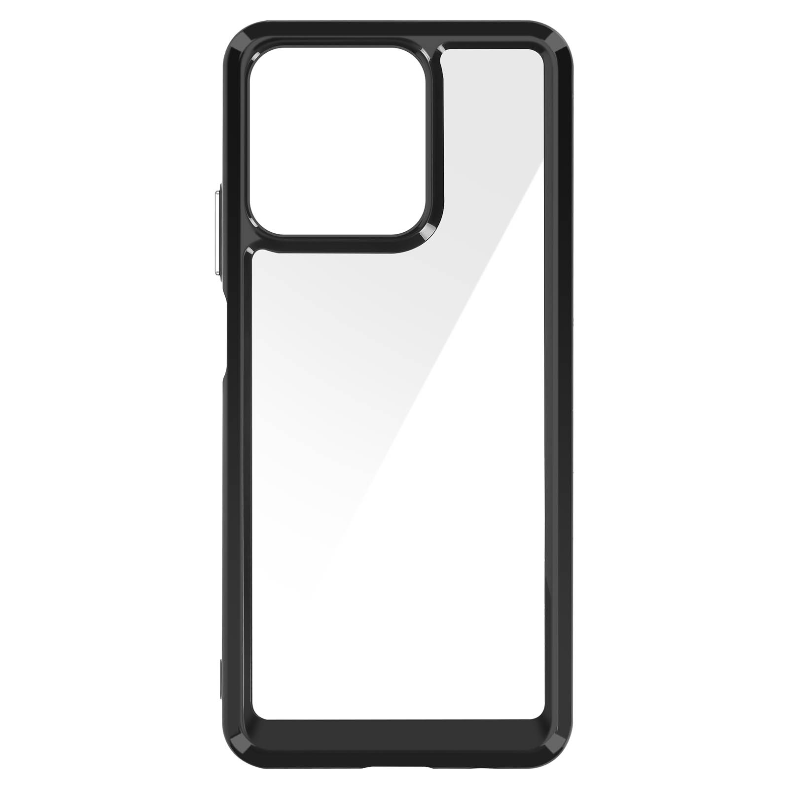 Una custodia per telefono nera con retro trasparente. Ha un ritaglio per la fotocamera e coperture per i pulsanti.