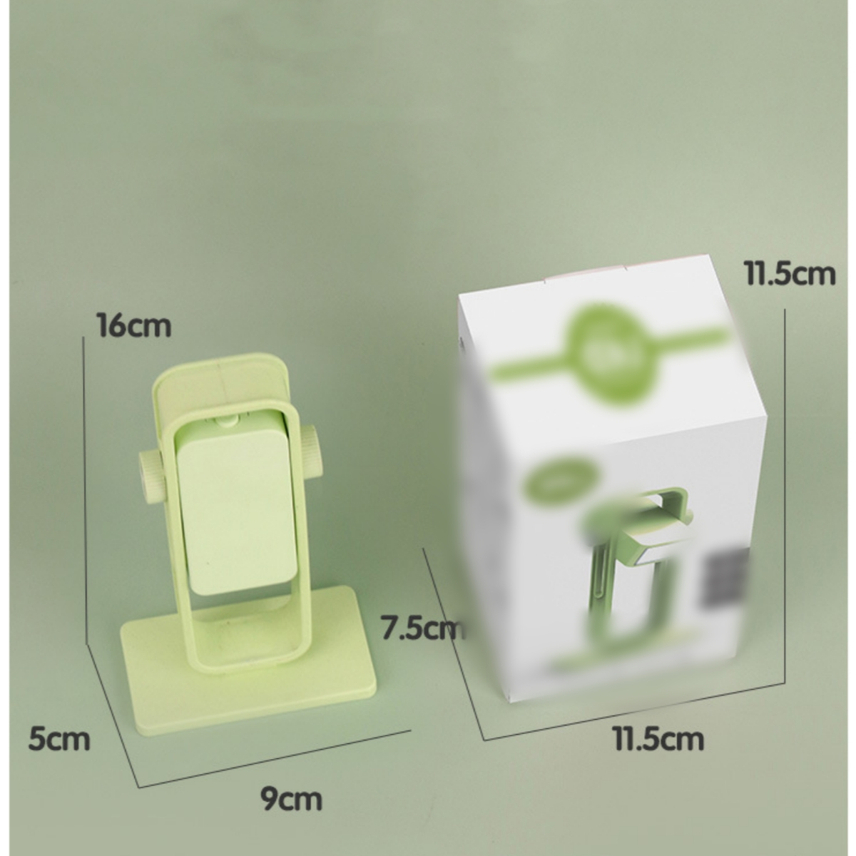 Grüner Halter und weiße Box. Abmessungen markiert. Grüner Hintergrund.