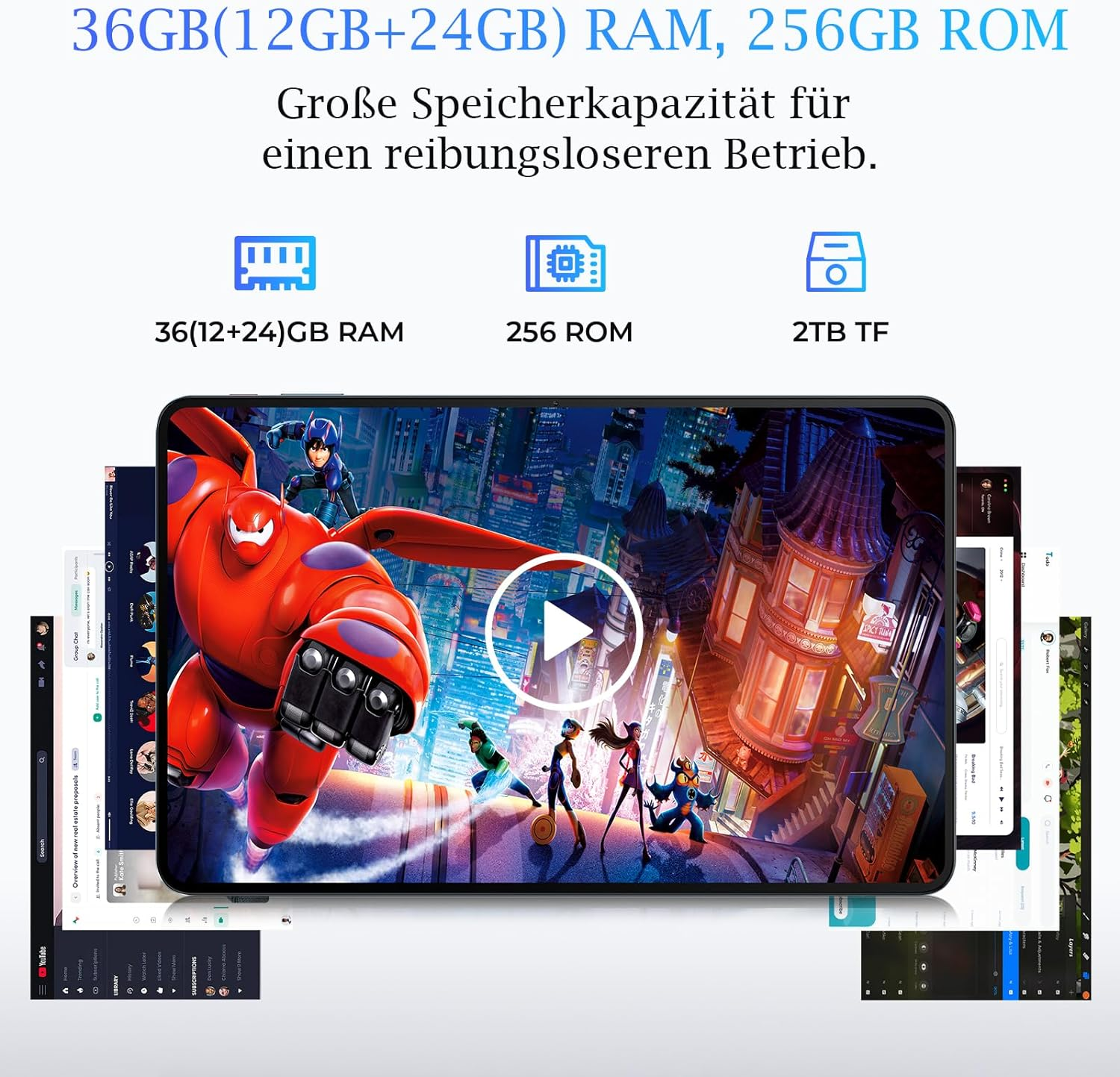 Pantalla de tableta que muestra múltiples ventanas de aplicaciones, con texto sobre RAM y ROM.