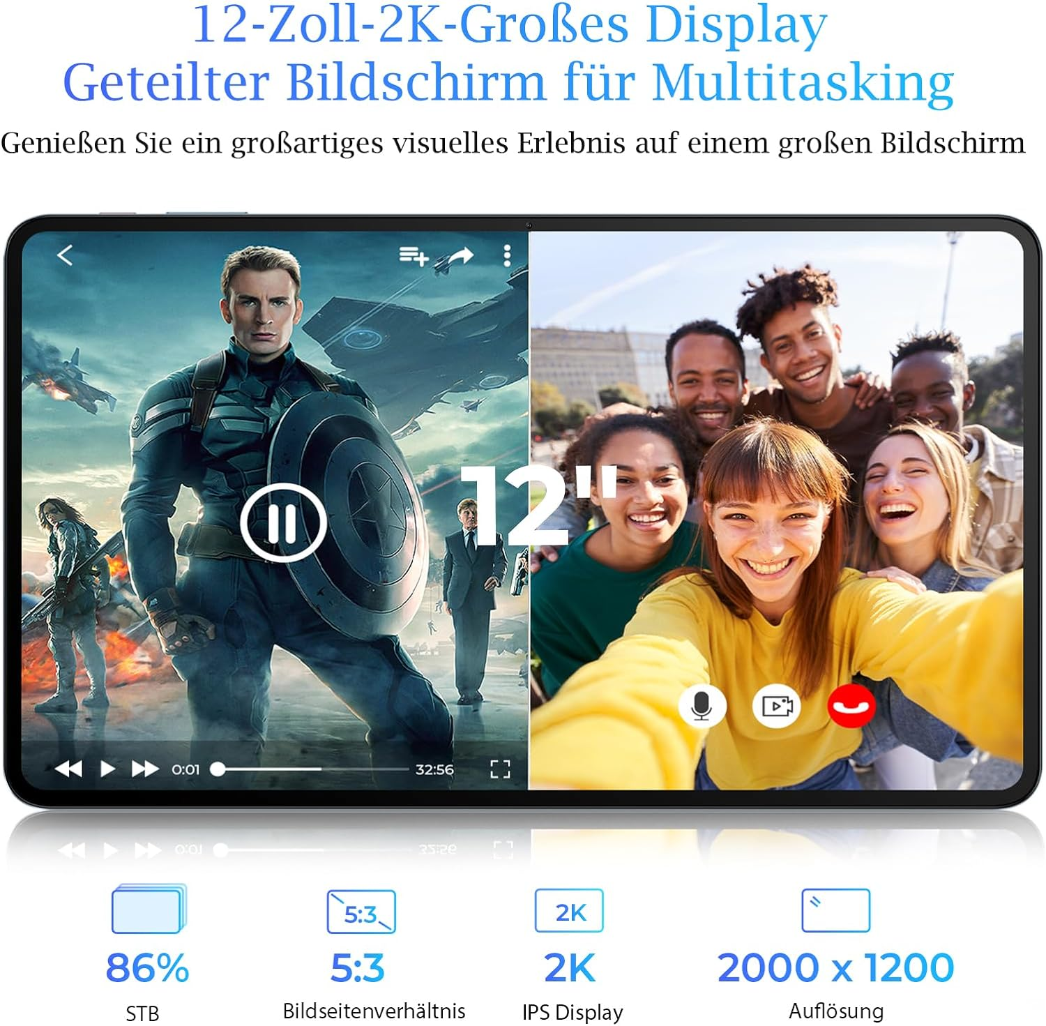 Tableta con pantalla dividida mostrando película y gente sonriendo. Estadísticas abajo.