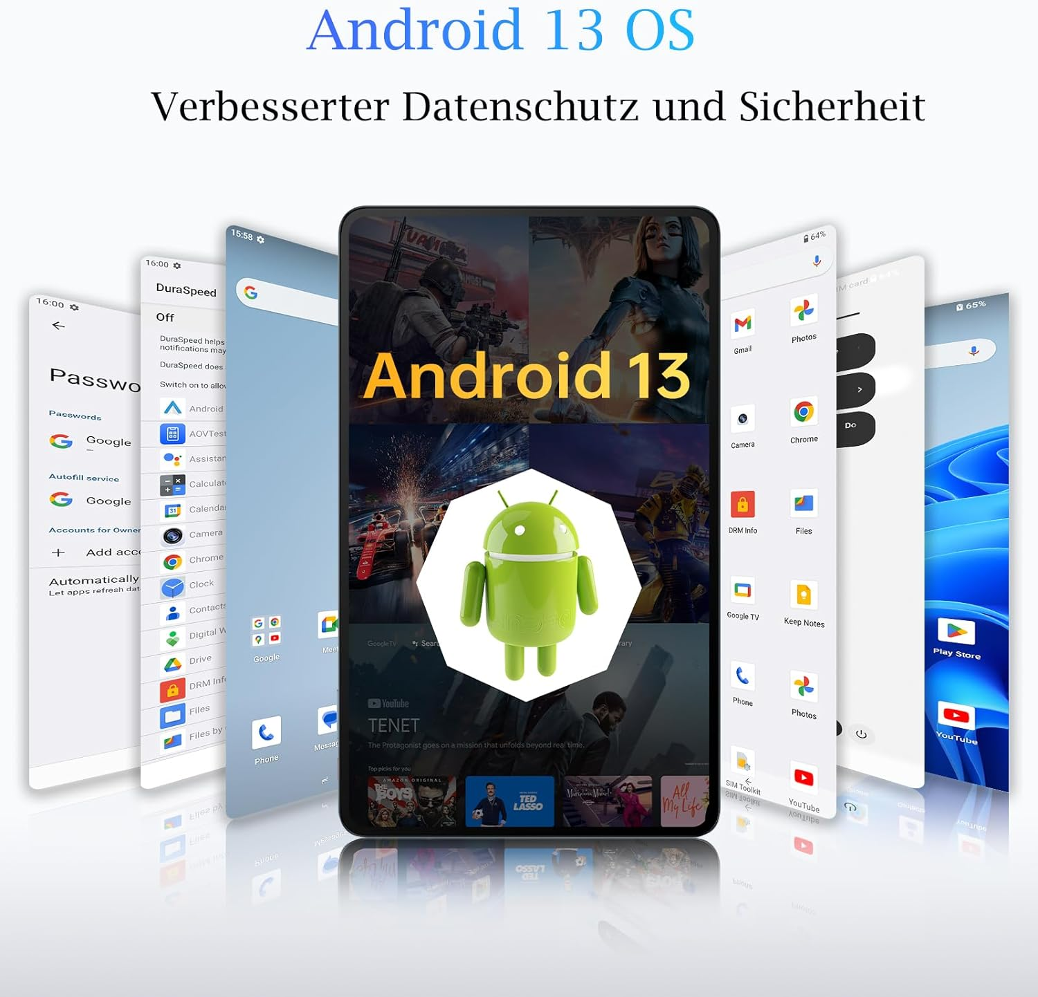 Gráfico del sistema operativo Android 13 con iconos de teléfono y una figura de Android verde, texto en la parte superior.