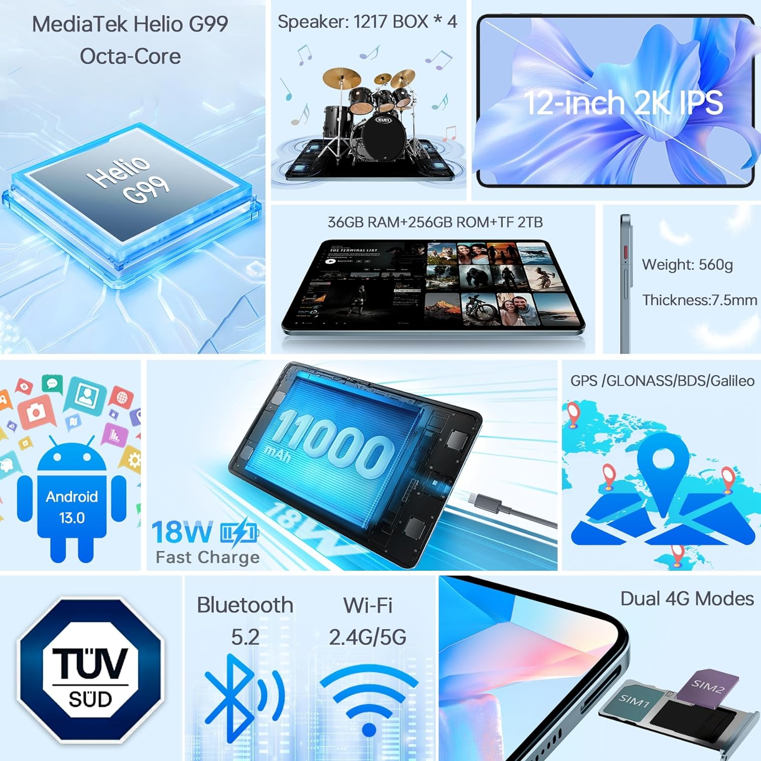 11000mAh OUKITEL Zoll, Blau OT5 Android 13, 12 Tablet, GB, 36GB+256GB/2TB 256
