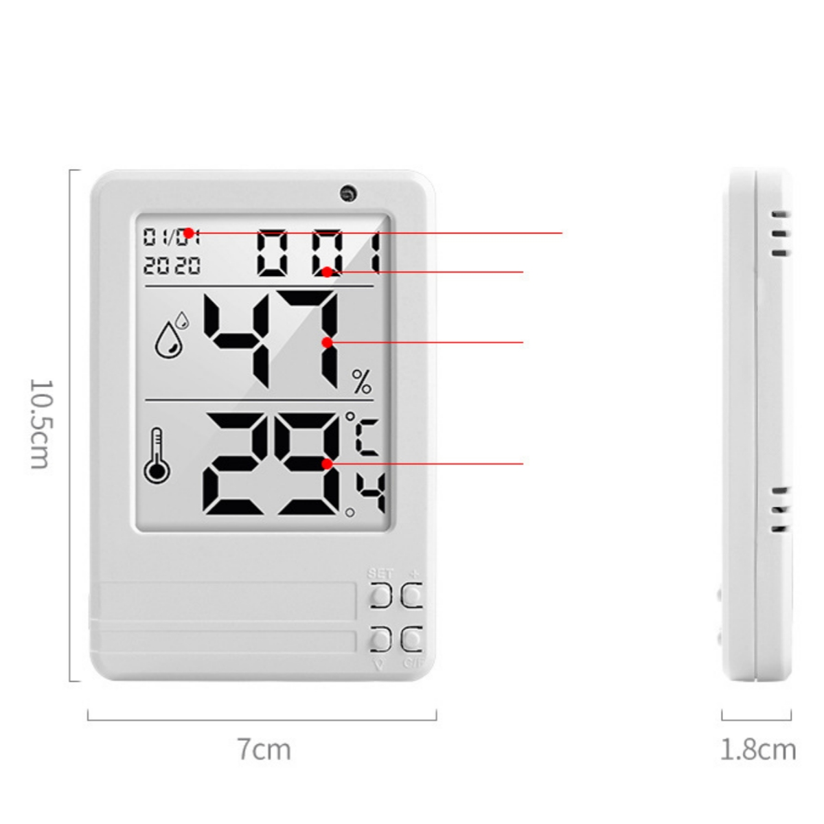 Ein kleines weißes digitales Thermometer zeigt Datum, Uhrzeit, Luftfeuchtigkeit und Temperatur an.