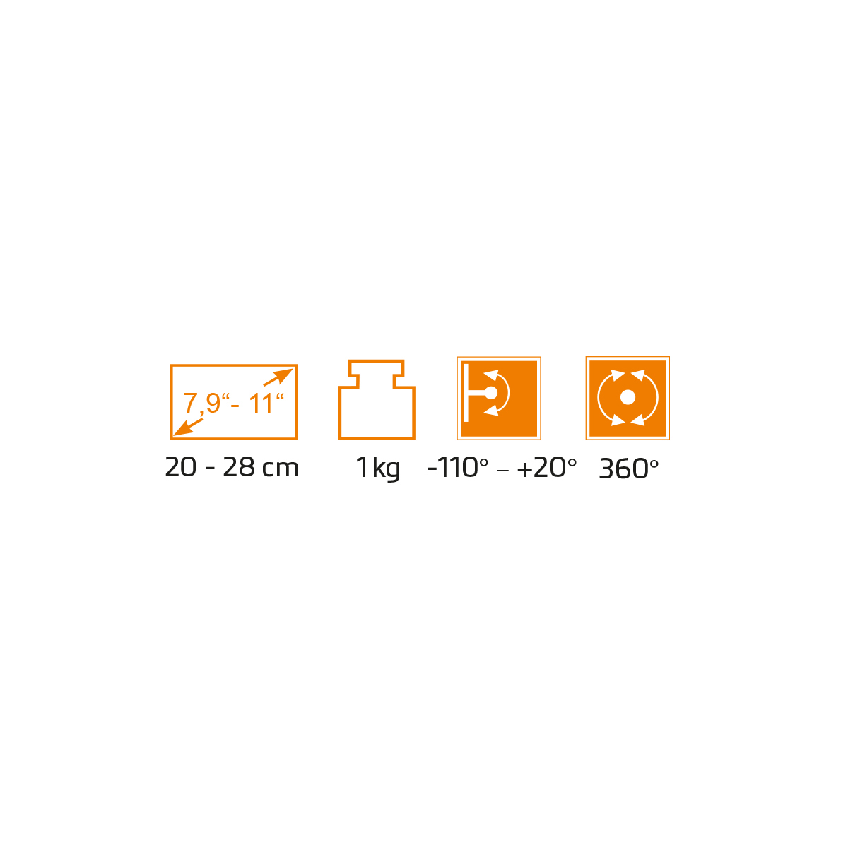 Icon-Set mit Abmessungen, Gewicht, Drehung und Winkelbereich.