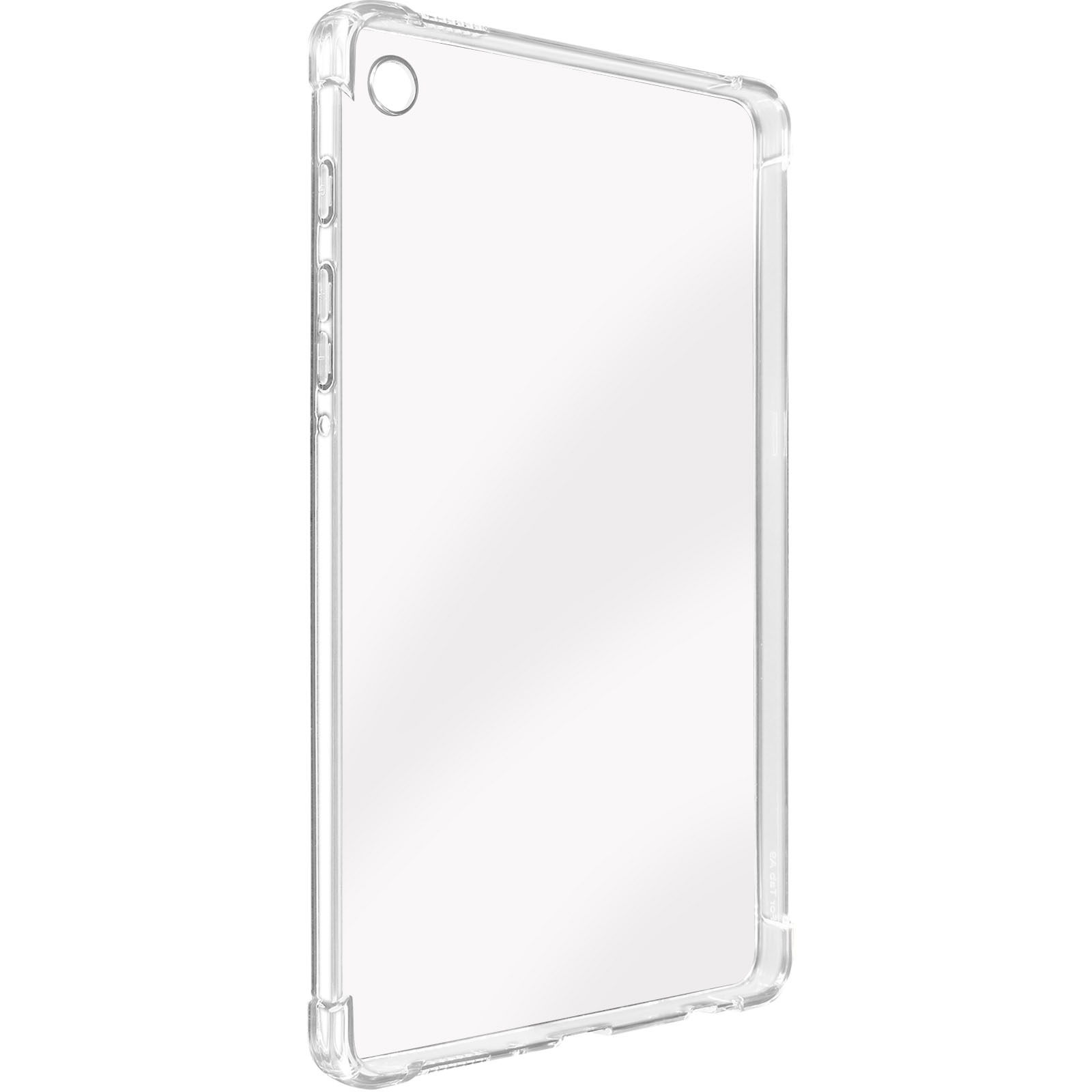 Eine klare, transparente Tablettasche auf weißem Hintergrund.