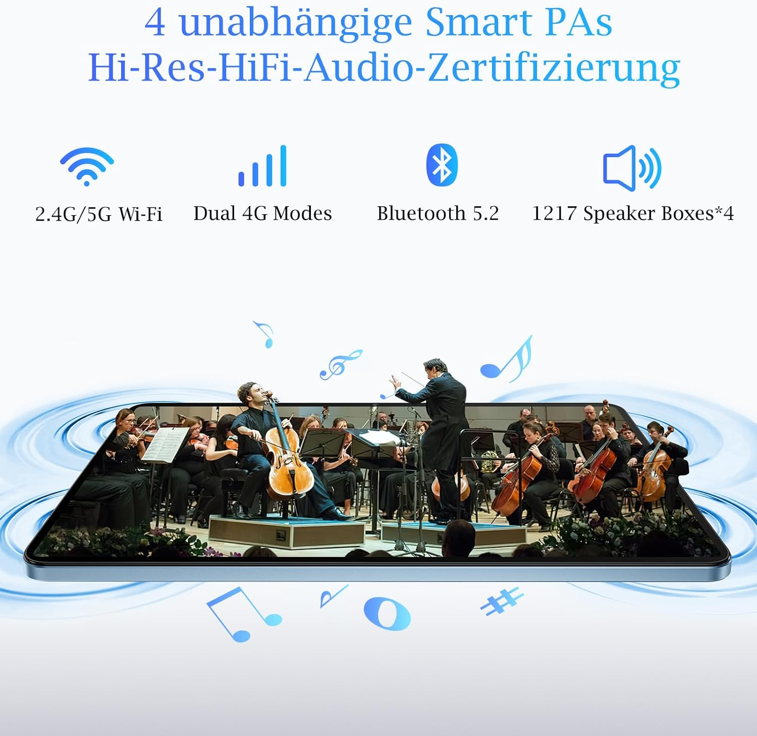 Una orquesta toca en un escenario representado en la pantalla de un dispositivo inteligente, con especificaciones del producto en el fondo.