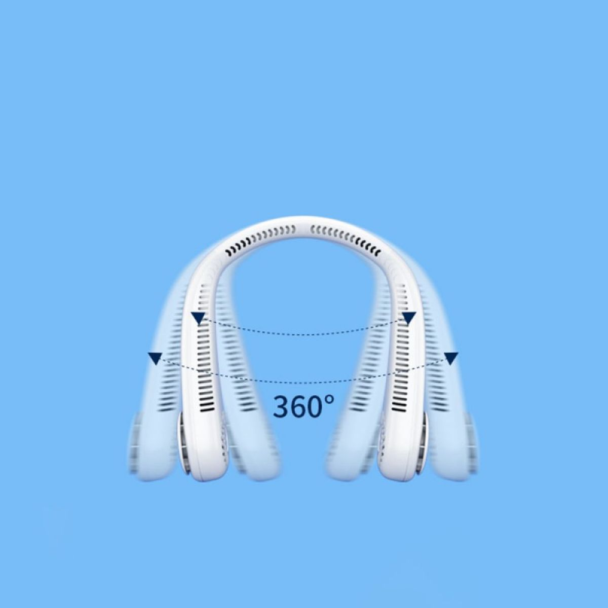 Ein weißer Nackenventilator mit 360°-Etikett. Der Hintergrund ist ein hellblauer Farbverlauf.