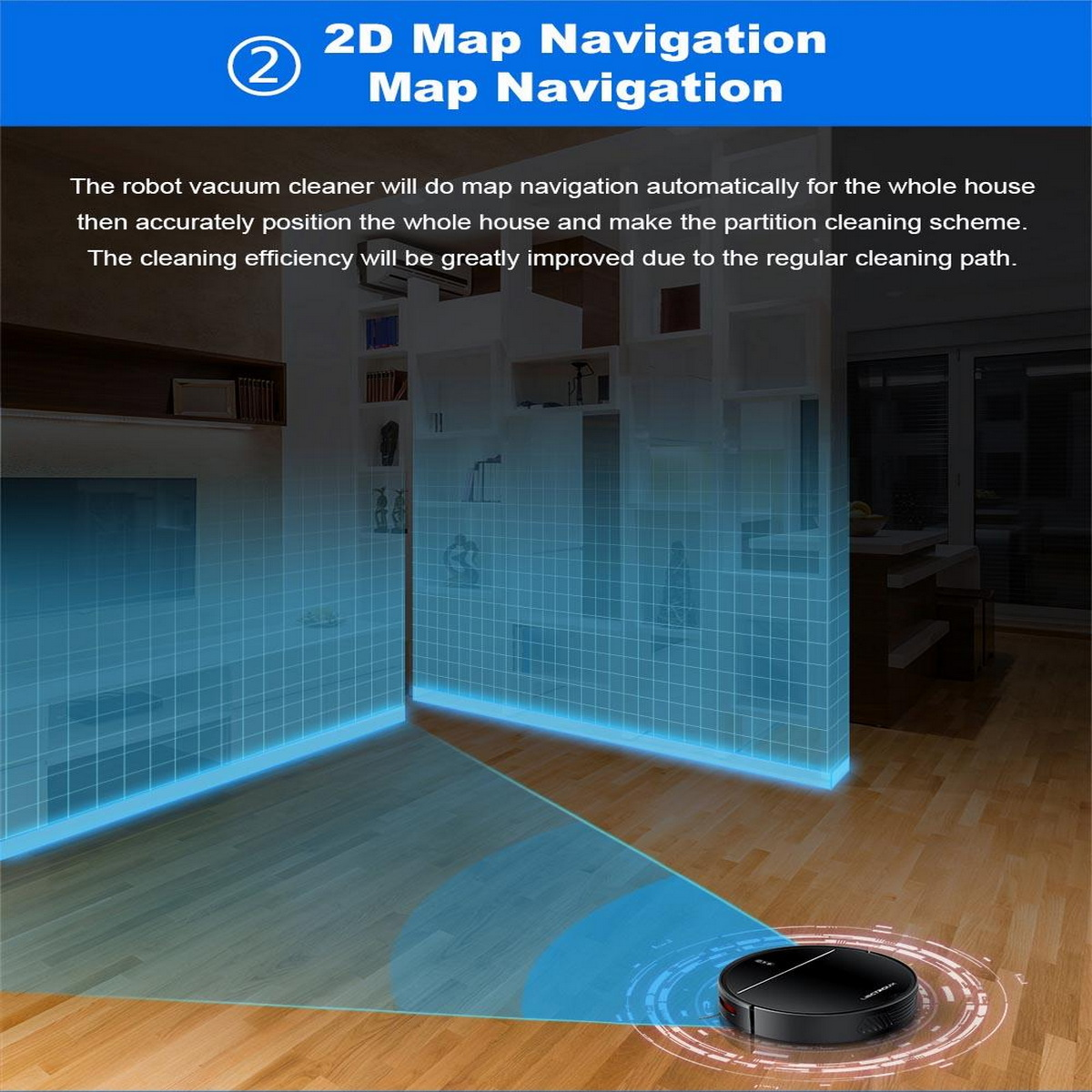 Schemat nawigacji mapy 2D robota odkurzacza w domu, pokazujący niebieskie linie i ścieżkę czyszczenia.