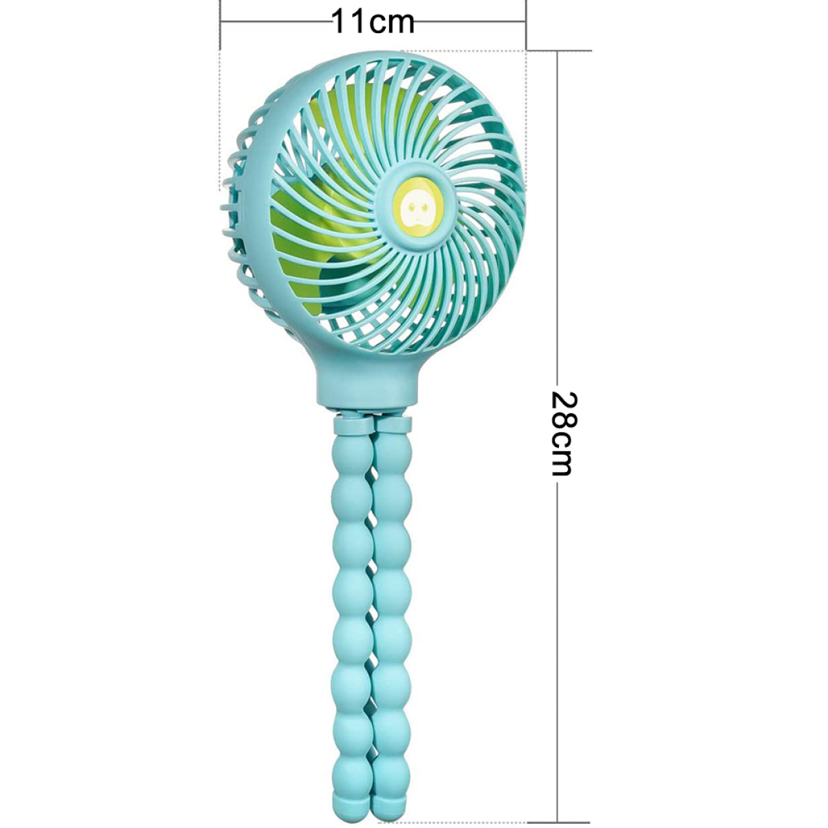 Blau-grüner tragbarer Ventilator mit flexiblen Beinen. Weißer Hintergrund, mit Abmessungen.