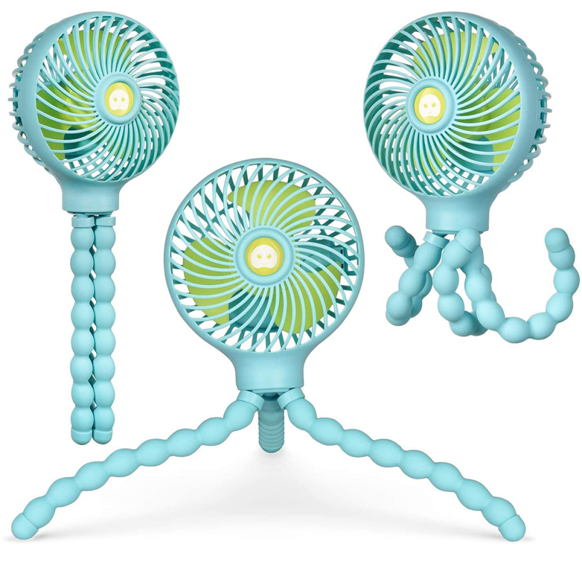 Drei blaue tragbare Ventilatoren mit flexiblen Beinen. Einer auf einem Stativ.