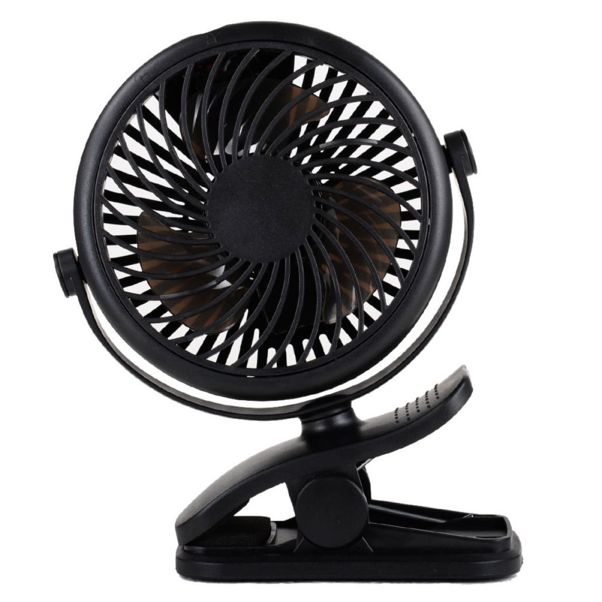 Ein kleiner schwarzer Clip-on-Ventilator mit einem schwarzen Lüfterkäfig und -blättern auf weißem Hintergrund.