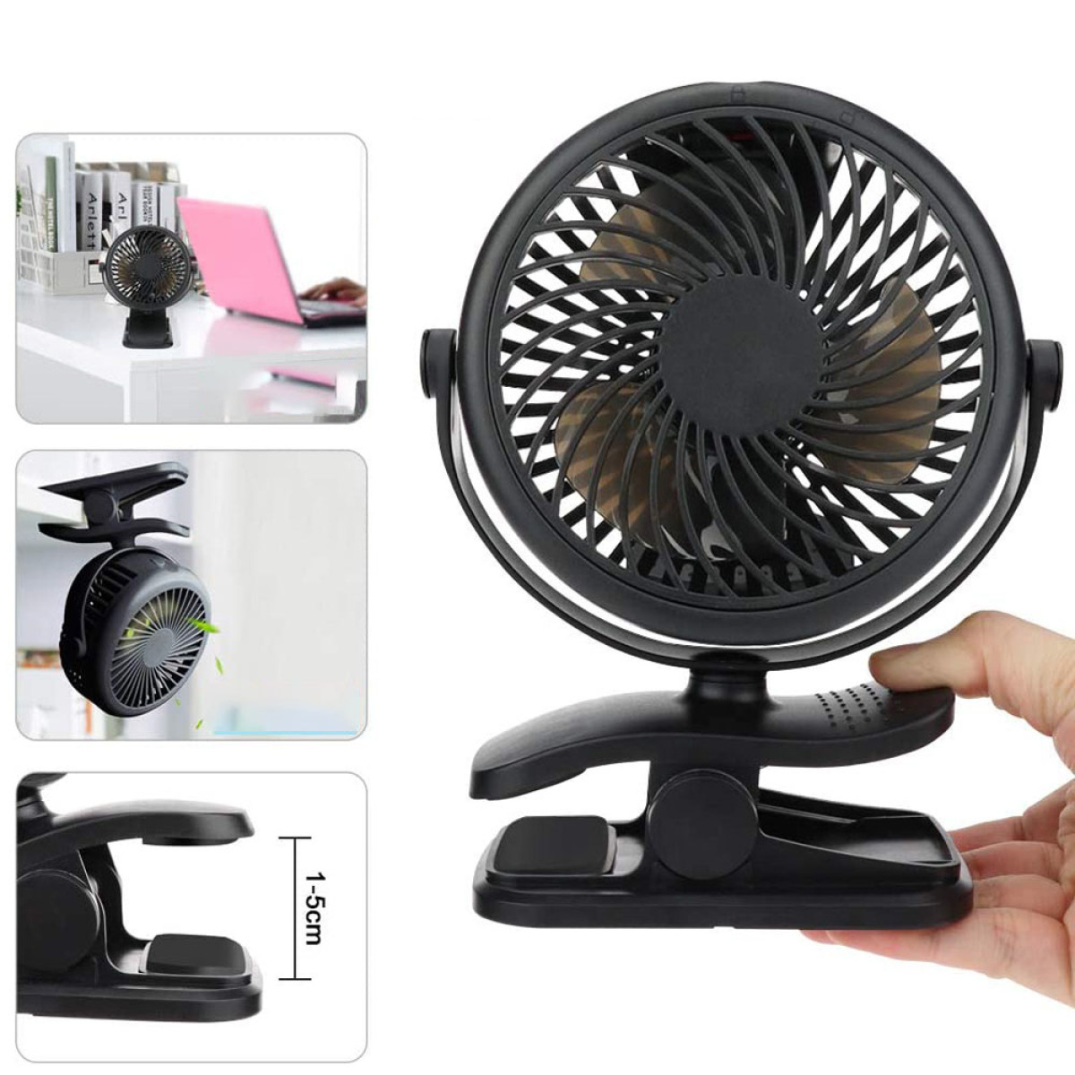 Schwarzer tragbarer Ventilator an einem Clip. Der Ventilator hat Flügel. Aus mehreren Winkeln gezeigt.