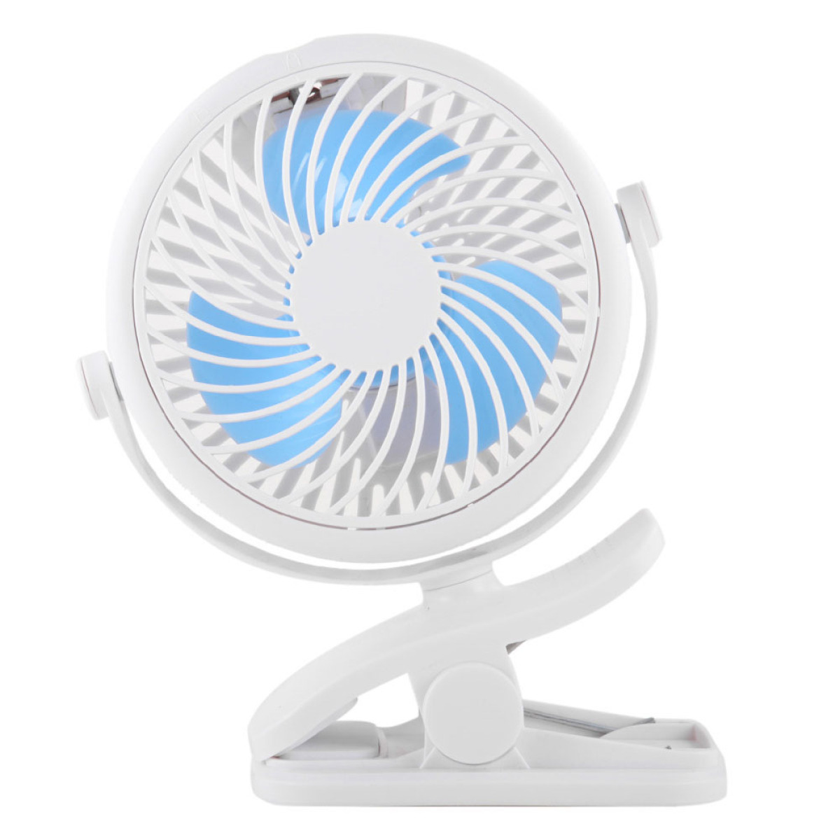 Weißer tragbarer Ventilator mit blauen Flügeln, montiert auf einem weißen Clip.