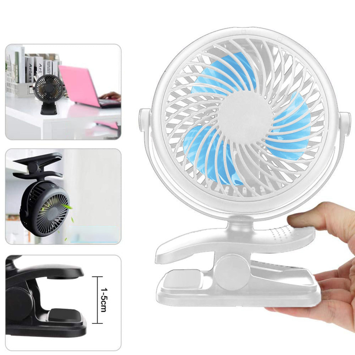 Kleiner weißer Ventilator mit blauen Flügeln. Clip-On-Design. Zusätzliche Bilder zeigen die Verwendung.